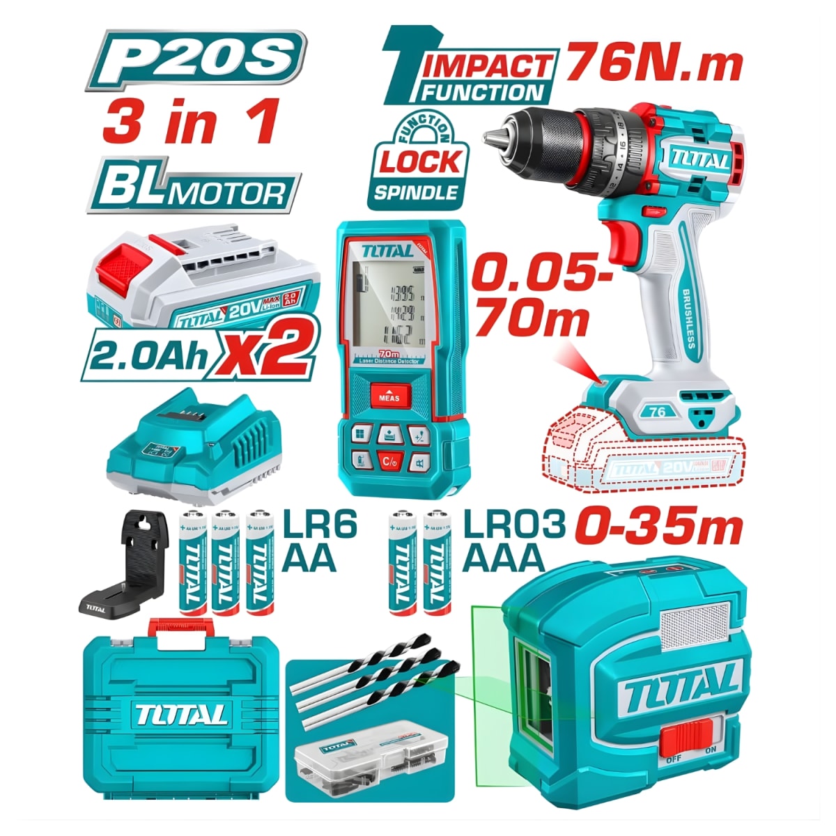 Combo Taladro 76nm + Nivel Laser de 2 Lineas + Medidor de Distancia Laser 70m Total2