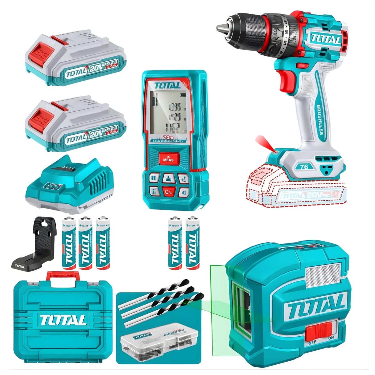 Combo Taladro 76nm + Nivel Laser de 2 Lineas + Medidor de Distancia Laser 70m Total1