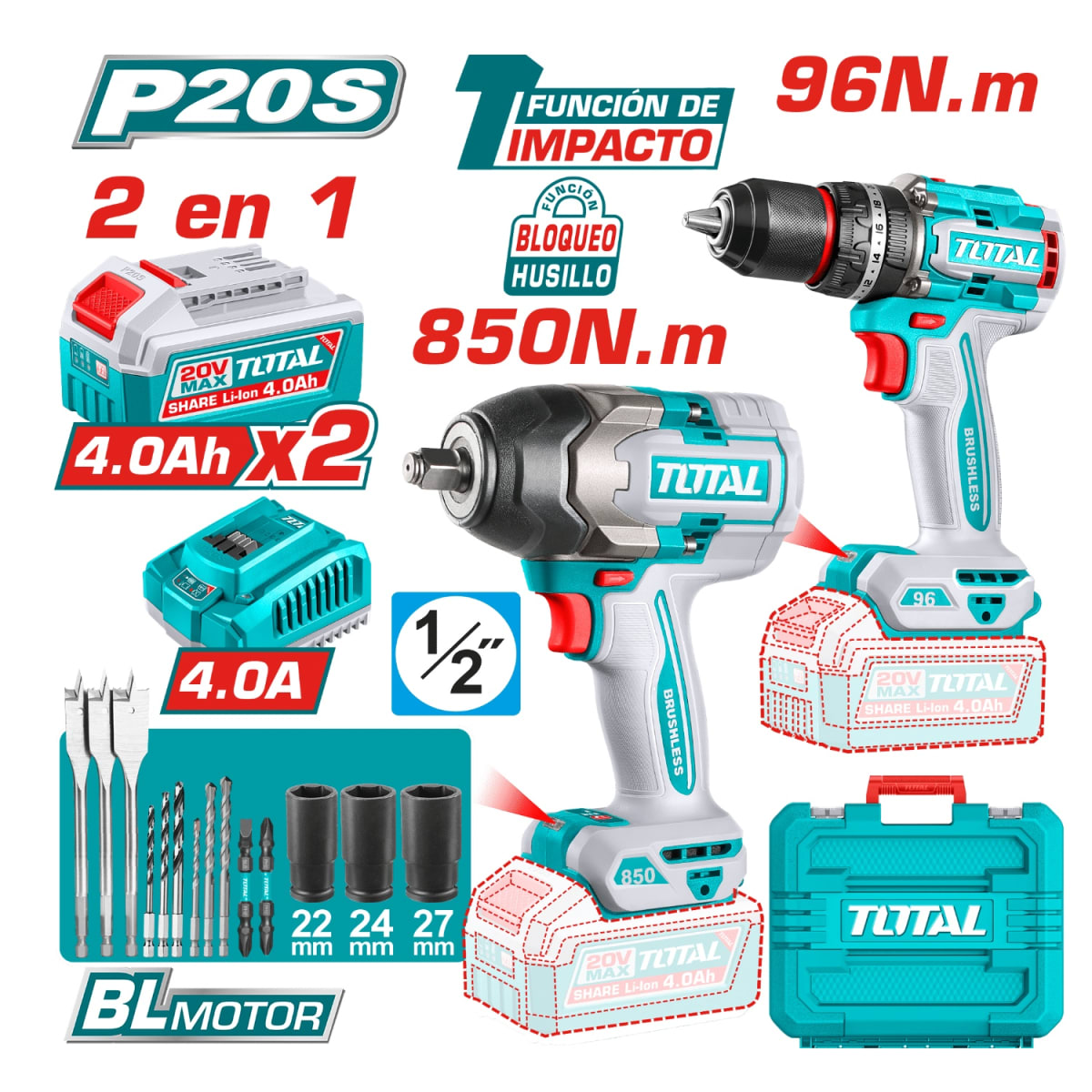 Taladro Percutor 96nm + Llave de Impacto 850nm 20v Industrial total2