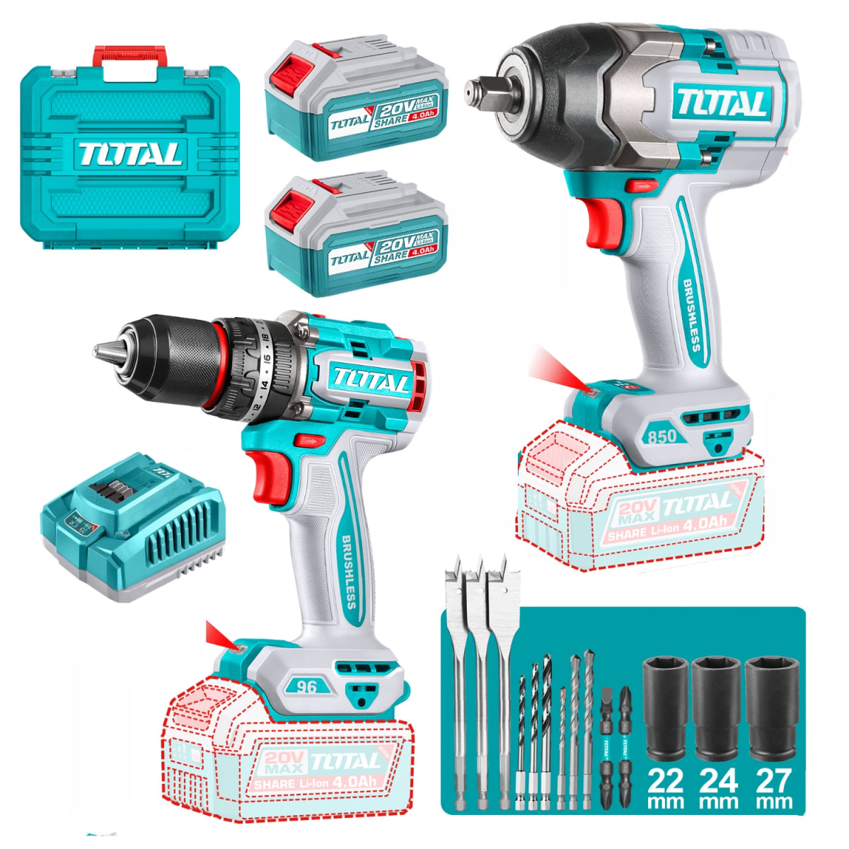 Taladro Percutor 96nm + Llave de Impacto 850nm 20v Industrial total1