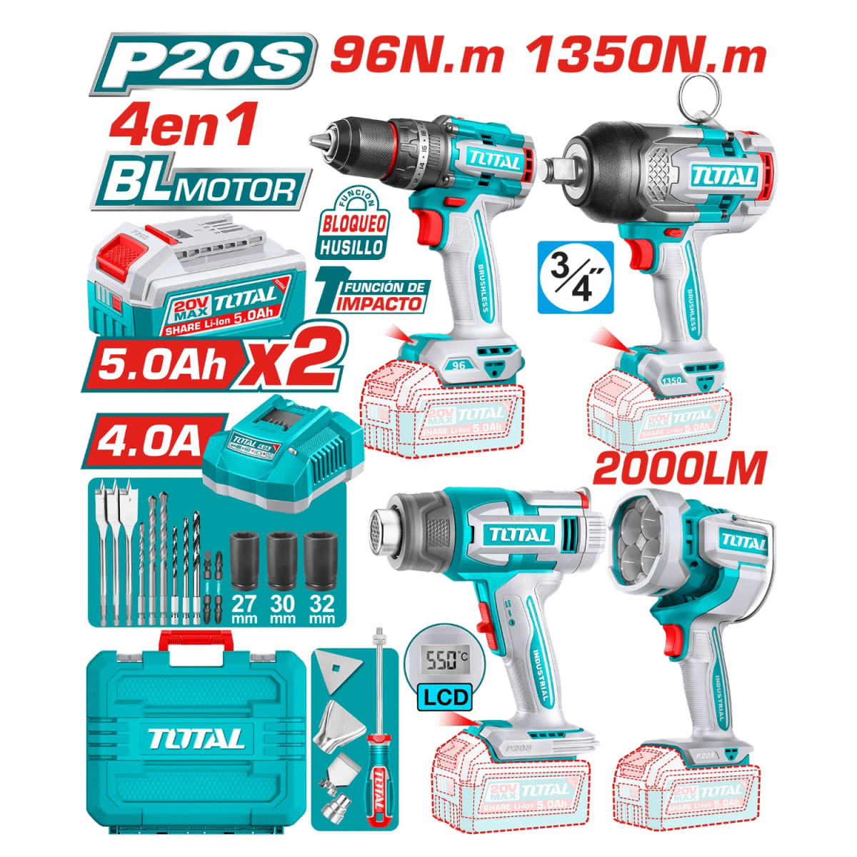 Combo 4 en 1 Llave de Impacto 1350nm +Taladro 96nm + Pistola de Calor + Linterna 20v Total2