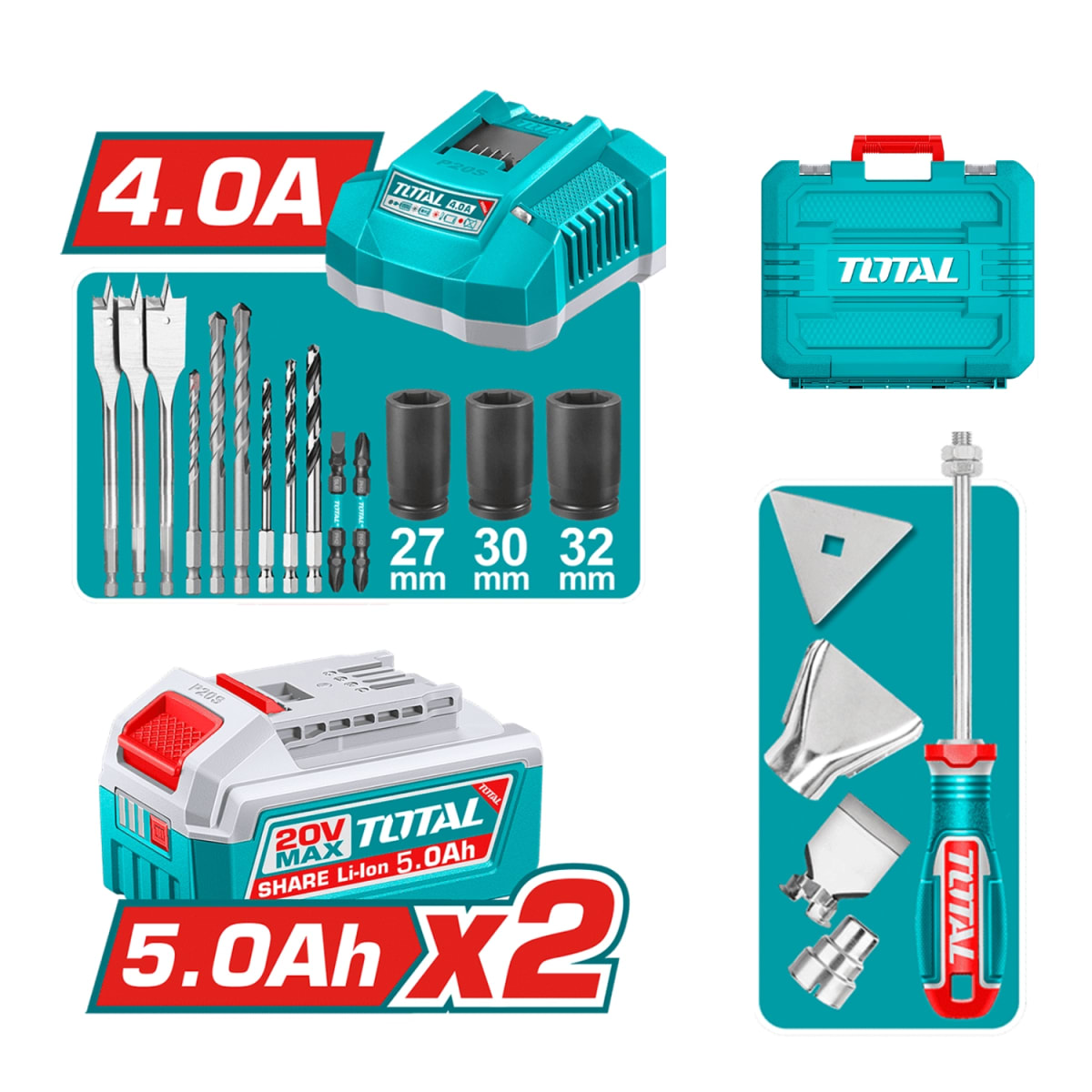 Combo 4 en 1 Llave de Impacto 1350nm +Taladro 96nm + Pistola de Calor + Linterna 20v Total7