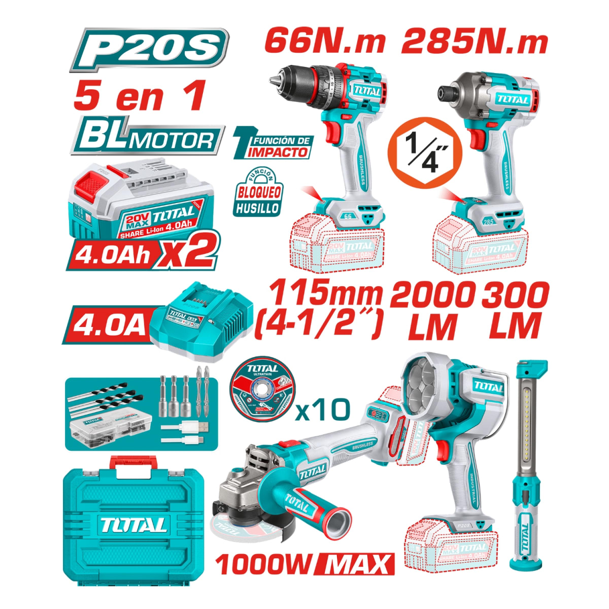 Combo 5 en 1 Taladro 66nm + Atornillador de Impacto 285nm + Amoladora + 2 Linternas 20v Total3
