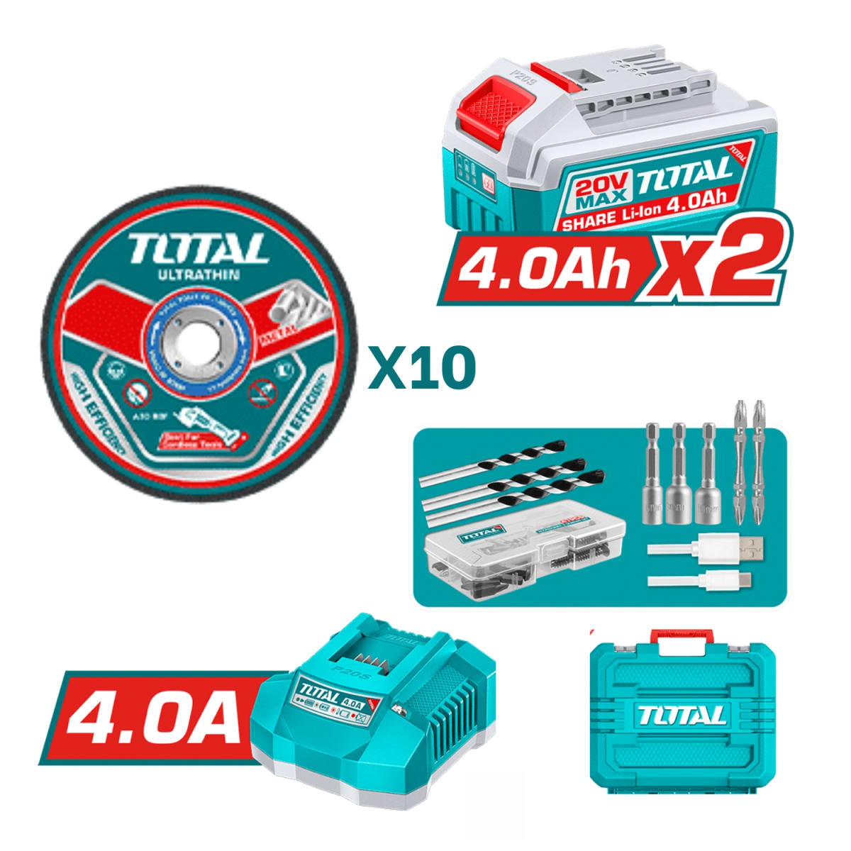 Combo 5 en 1 Taladro 66nm + Atornillador de Impacto 285nm + Amoladora + 2 Linternas 20v Total8