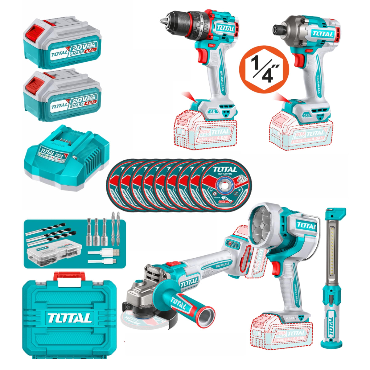 Combo 5 en 1 Taladro 66nm + Atornillador de Impacto 285nm + Amoladora + 2 Linternas 20v Total2