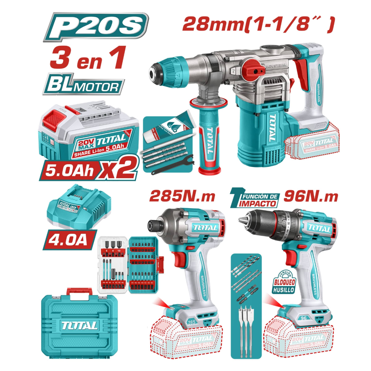 Combo 3 en 1 Taladro 96nm + Destornillador de Impacto 285nm + Rotomartillo 4.5j 20v Total2