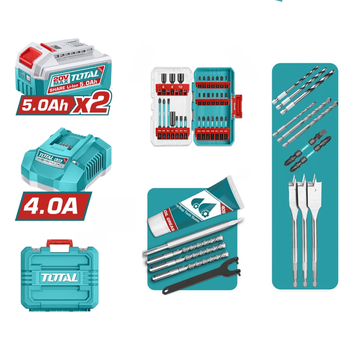 Combo 3 en 1 Taladro 96nm + Destornillador de Impacto 285nm + Rotomartillo 4.5j 20v Total3