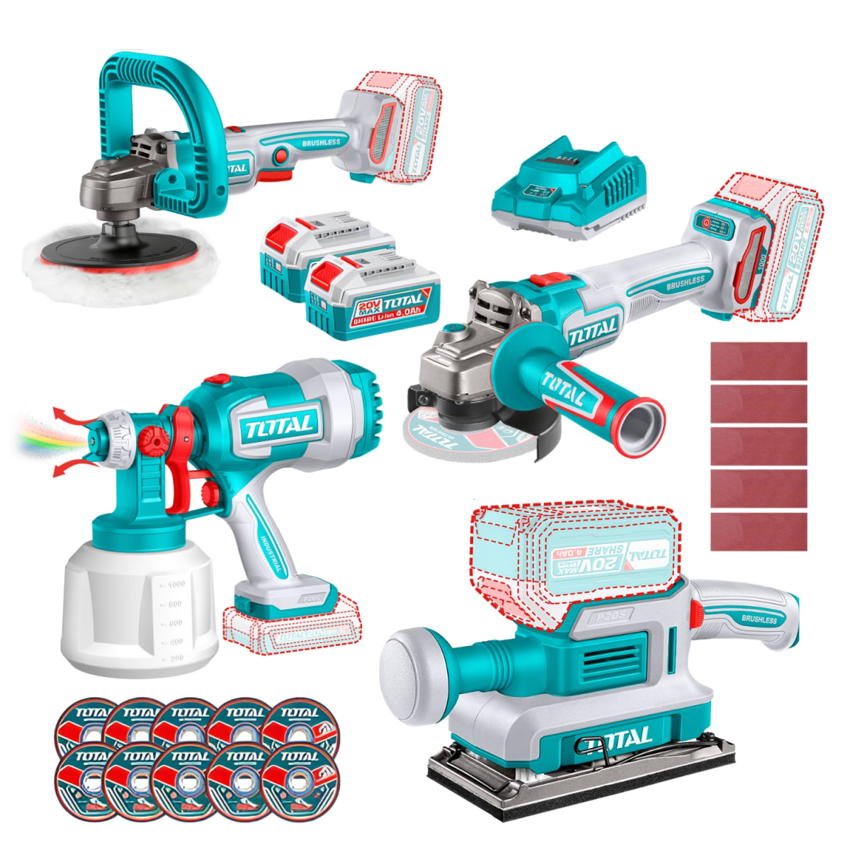 Combo 4 en 1 Amoladora 1000w + Pulidora + Pistola de Pintar + Lijadora 20v Total1