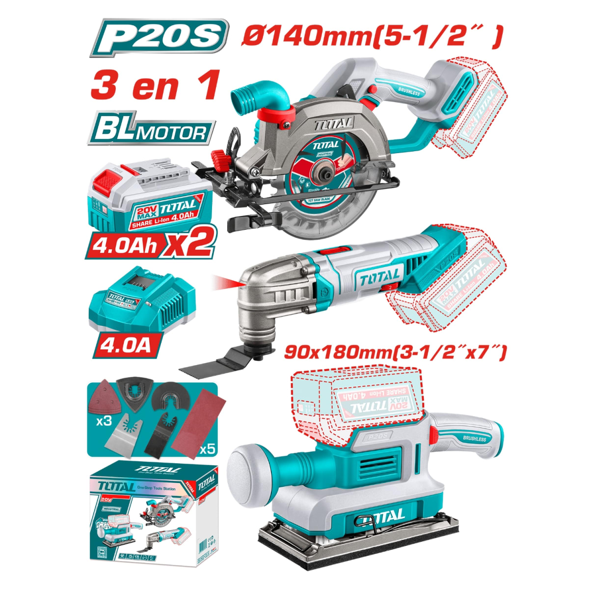 Combo 3 en 1 Sierra Circular 5 1/2'' + Herramienta Multi + Lijadora 20v Total2