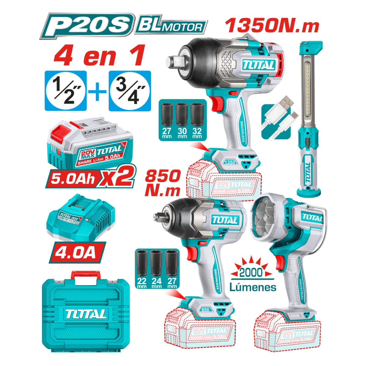 Combo 4 en 1 Llave de Impacto 1350nm + 850nm + 2 Linternas 20v Total2