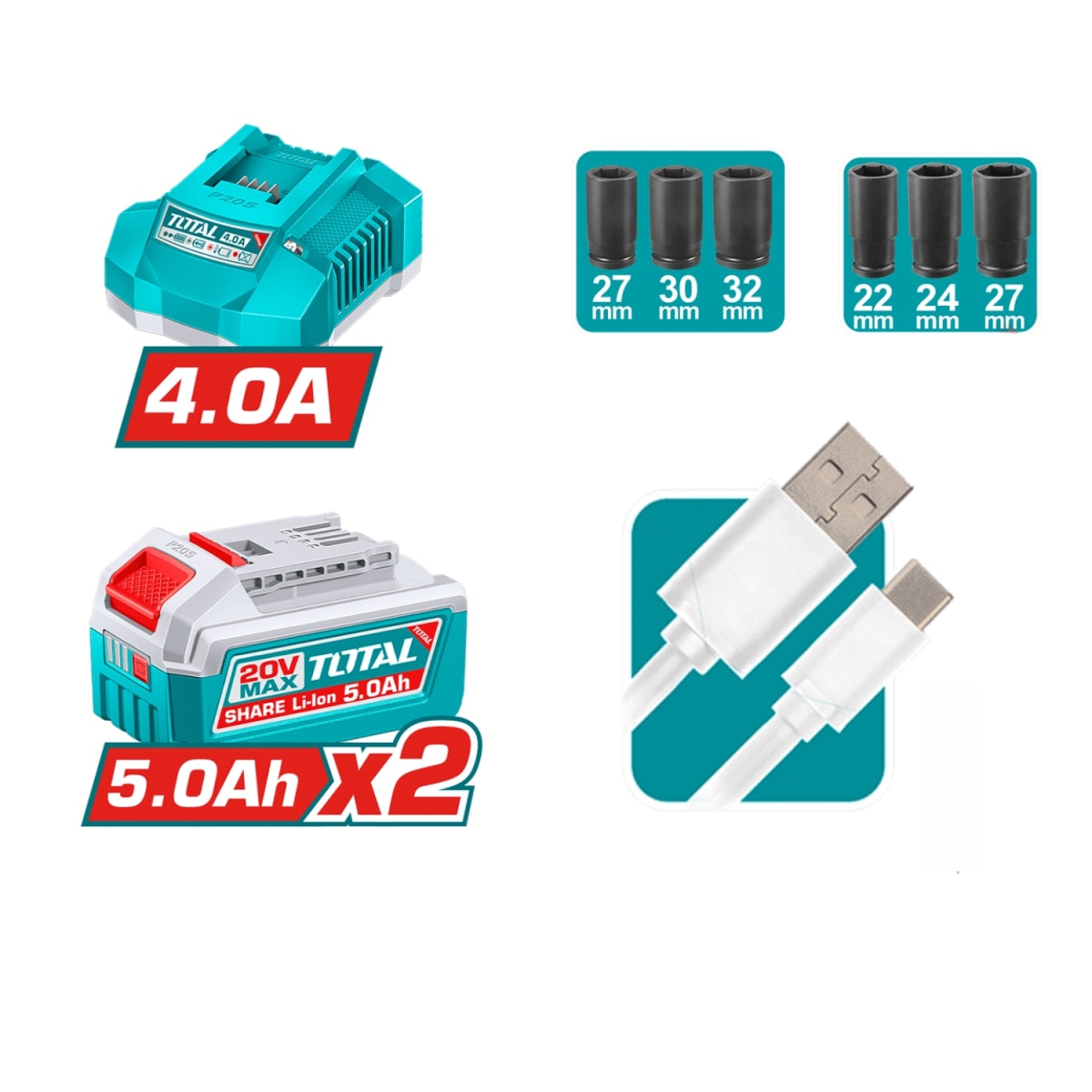 Combo 4 en 1 Llave de Impacto 1350nm + 850nm + 2 Linternas 20v Total7
