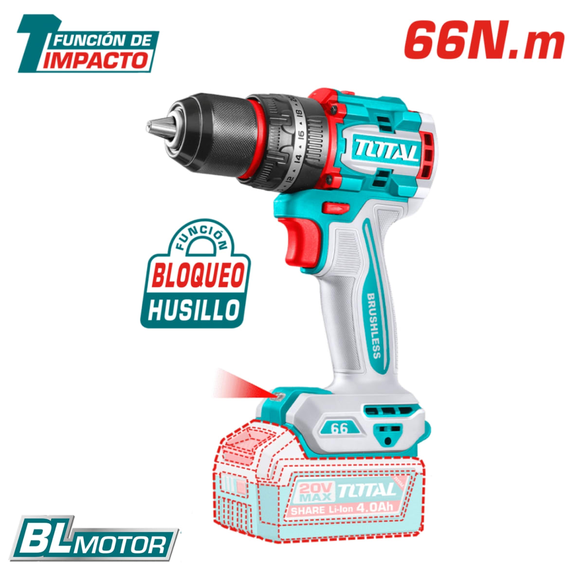 Combo taladro 66nm + Amoladora + sopladora + linterna 20V Total2