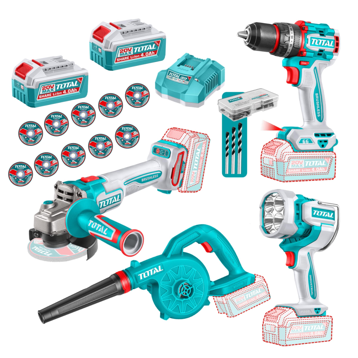 Combo taladro 66nm + Amoladora + sopladora + linterna 20V Total1