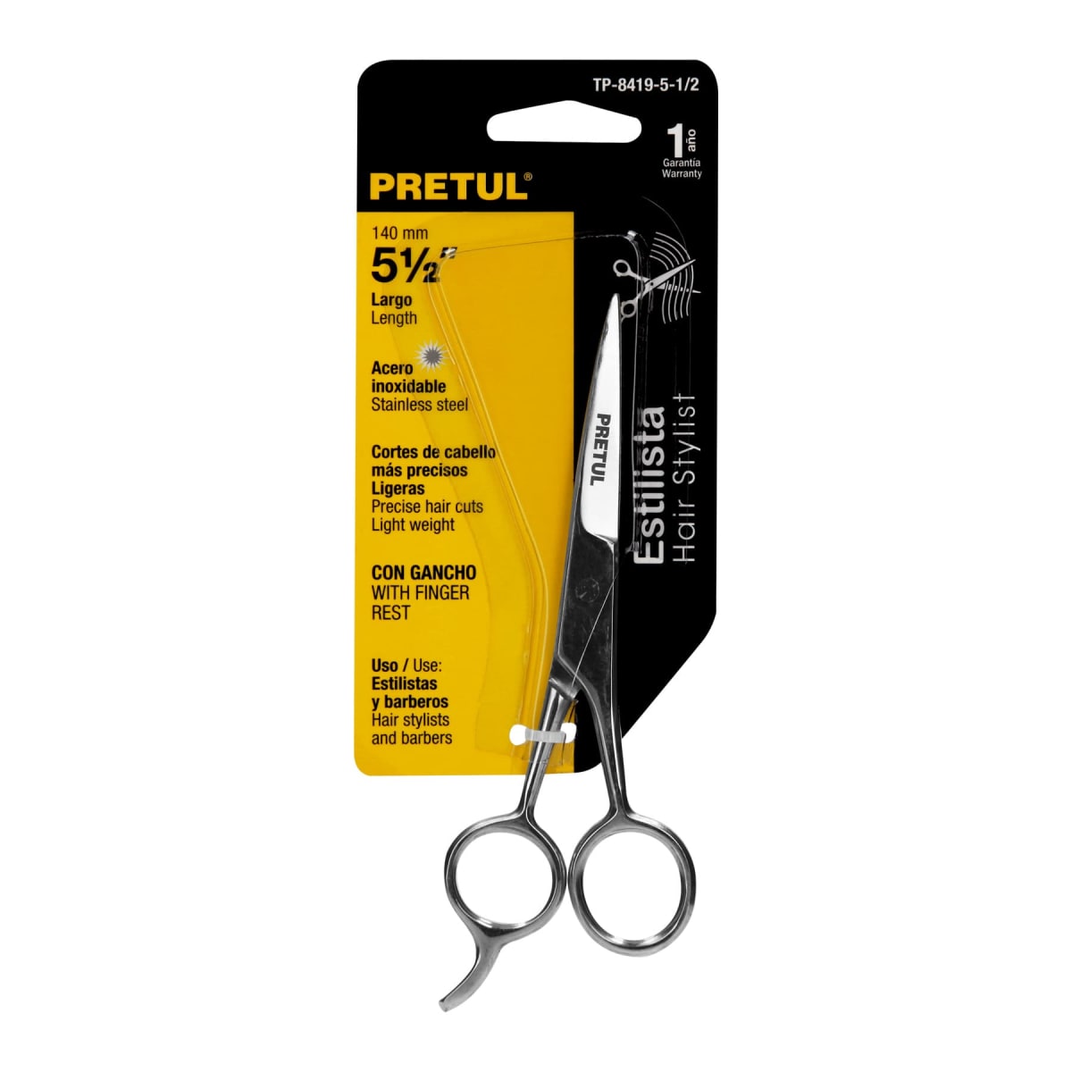 Tijera 5 1/2'' acero inoxidable con gancho para estilista Pretul4