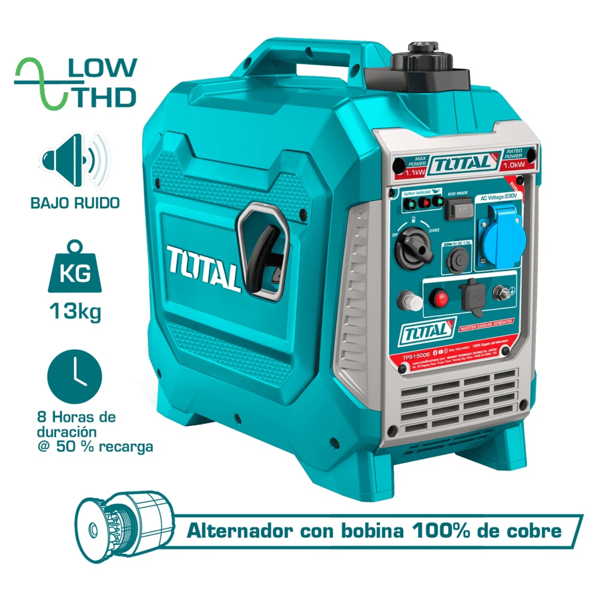 Generador gasolinero silencioso 1100w encapsulado Total5