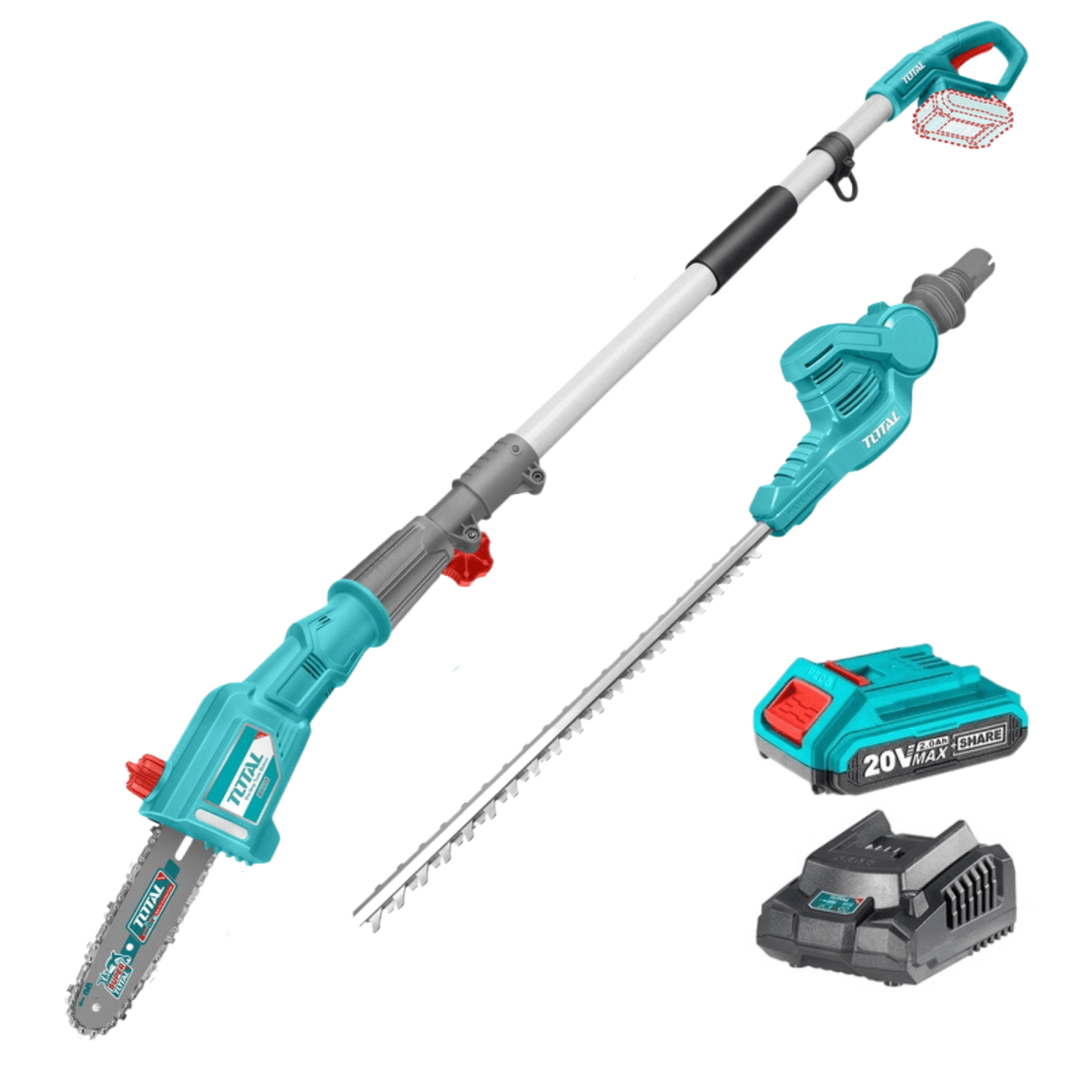 Desmalezadora para cortar ramas + cortasetos inalámbrico 20v total1