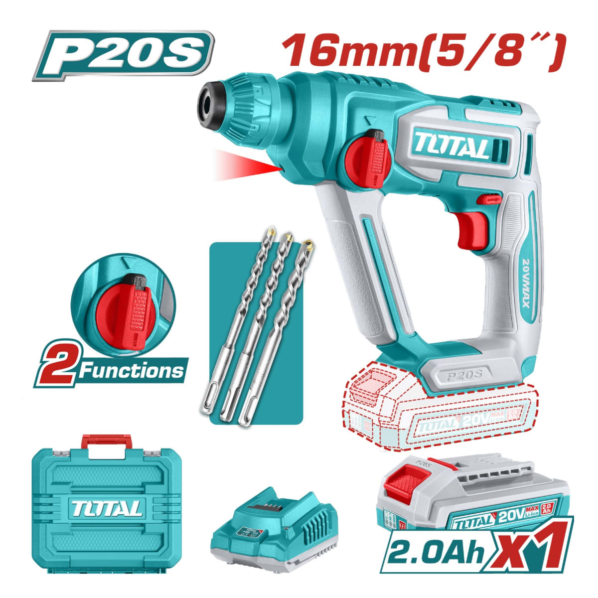 Rotomartillo SDS Plus 1.5 Joules 20v incluye bateria y cargador Total2