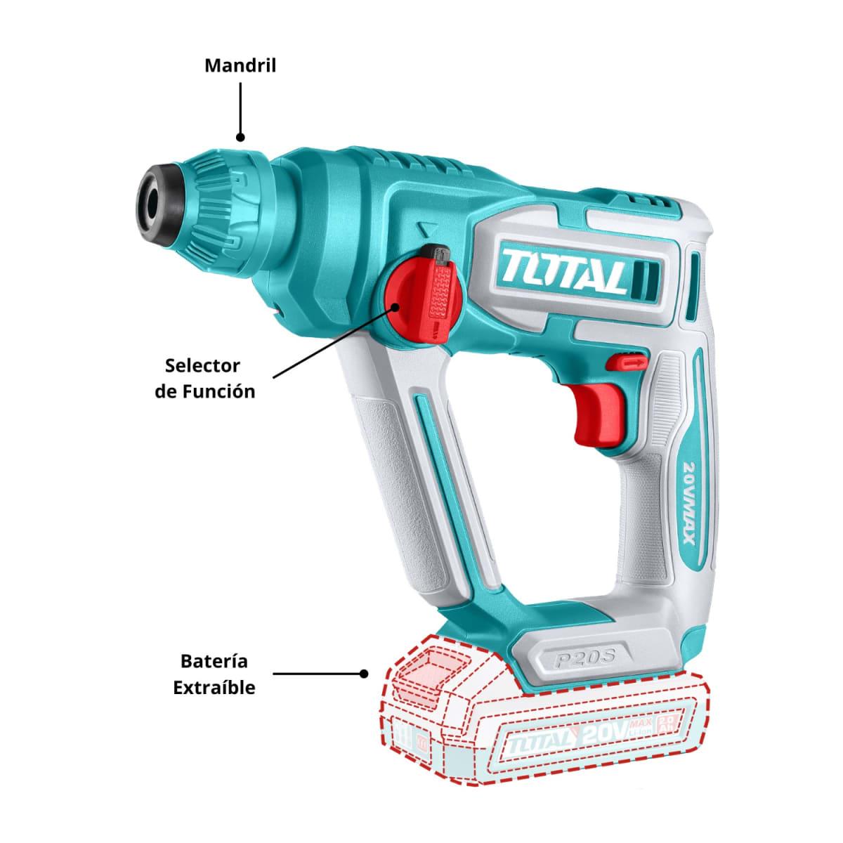 Rotomartillo SDS Plus 1.5 Joules 20v incluye bateria y cargador Total4