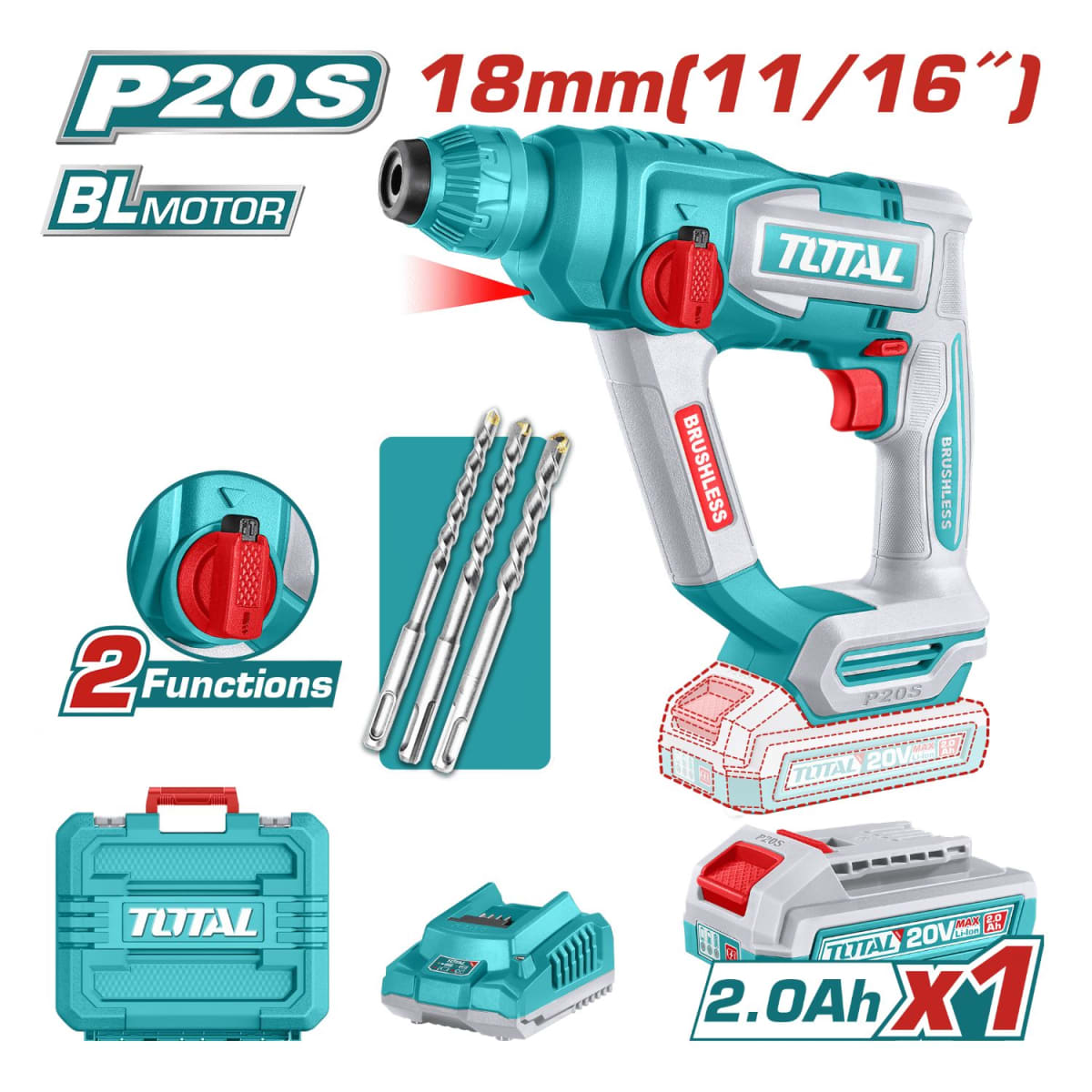 ROTOMARTILLO SDS PLUS 20V 1.8J MOTOR BRUSHLESS 1x2.0 AH TOTAL2