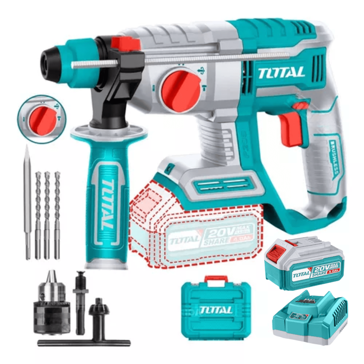 Rotomartillo SDS Plus 20v 2 Joules Batería de 4ah y cargador Total1