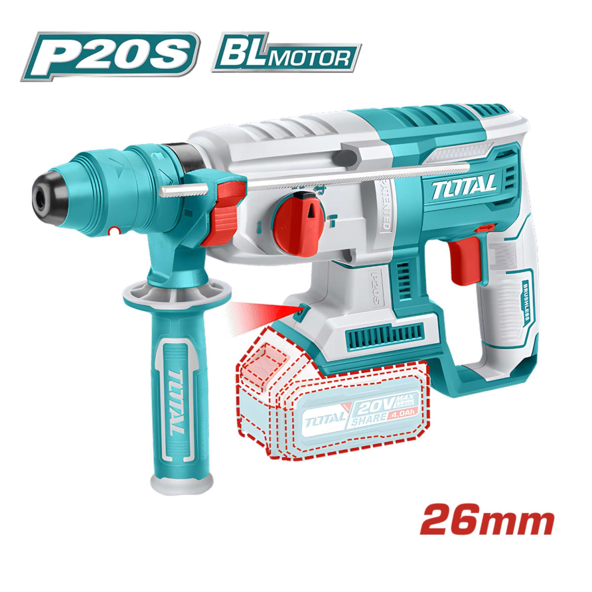 Rotomartillo SDS PLUS 2.5J + 2 Bateria y Cargador 20v Total2