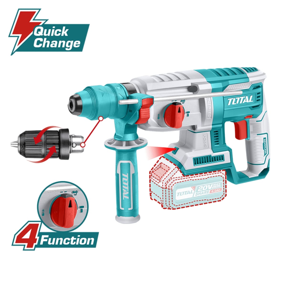 Rotomartillo SDS PLUS 2.5J + 2 Bateria y Cargador 20v Total3