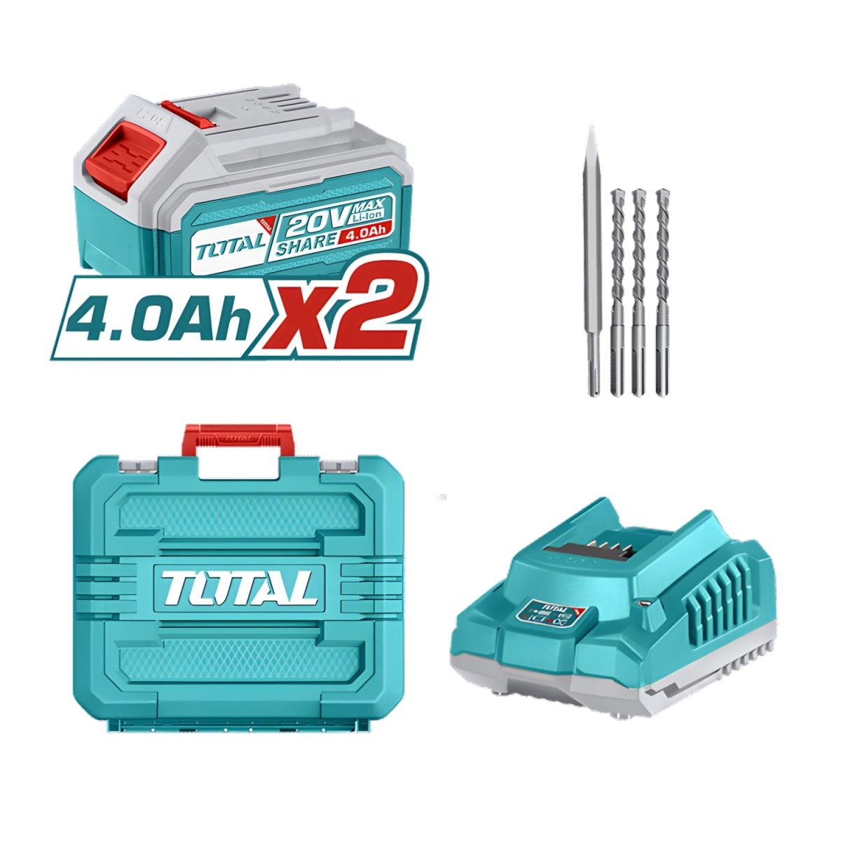 Rotomartillo SDS PLUS 2.5J + 2 Bateria y Cargador 20v Total4