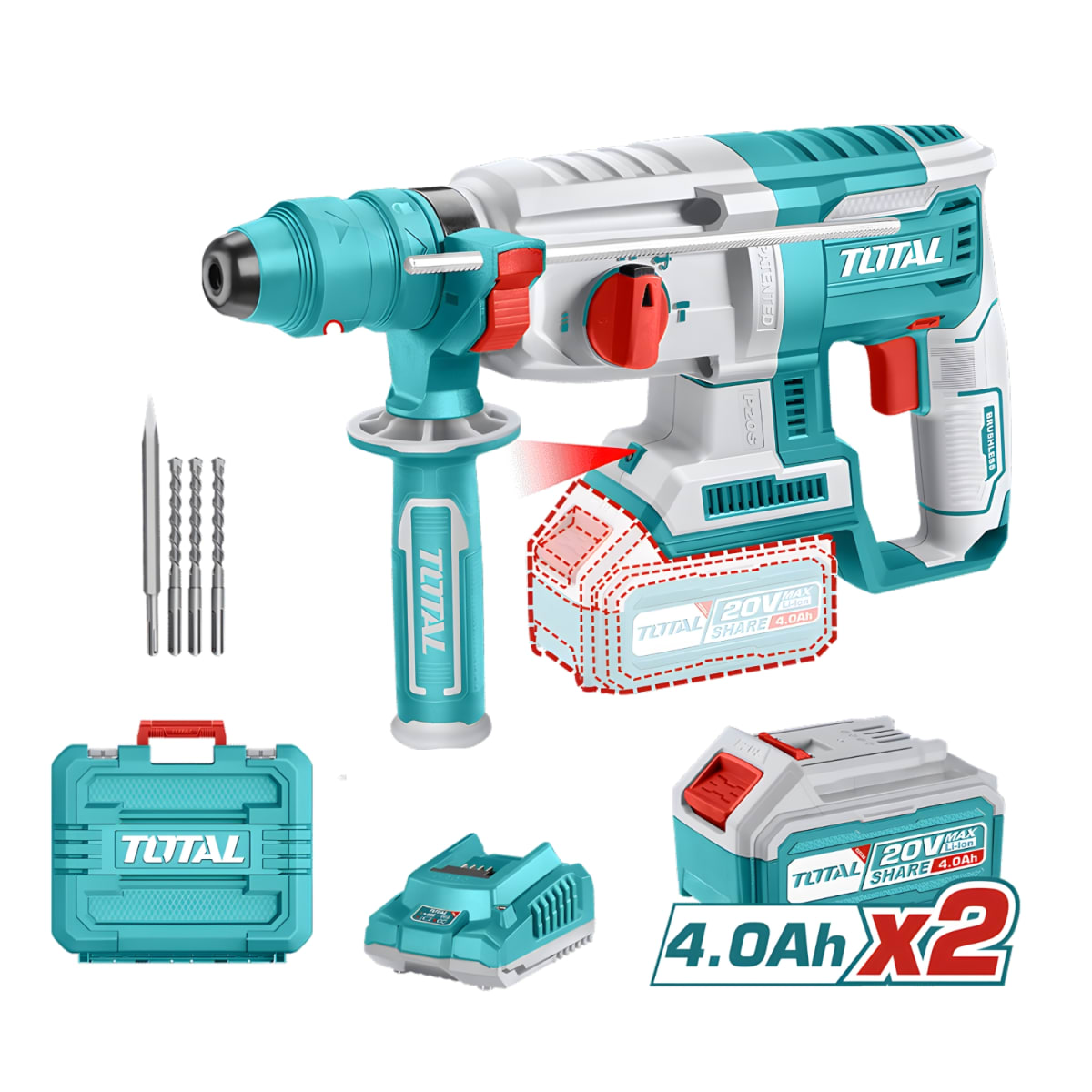 Rotomartillo SDS PLUS 2.5J + 2 Bateria y Cargador 20v Total1