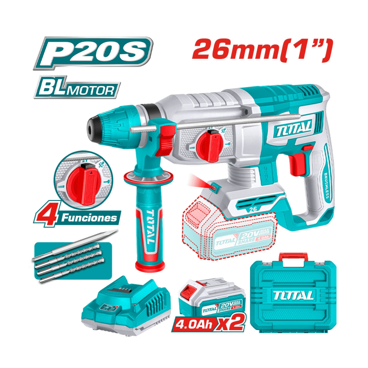 Rotomartillo sds plus 2.5j + 2 bateria y cargador 20v Industrial Total2