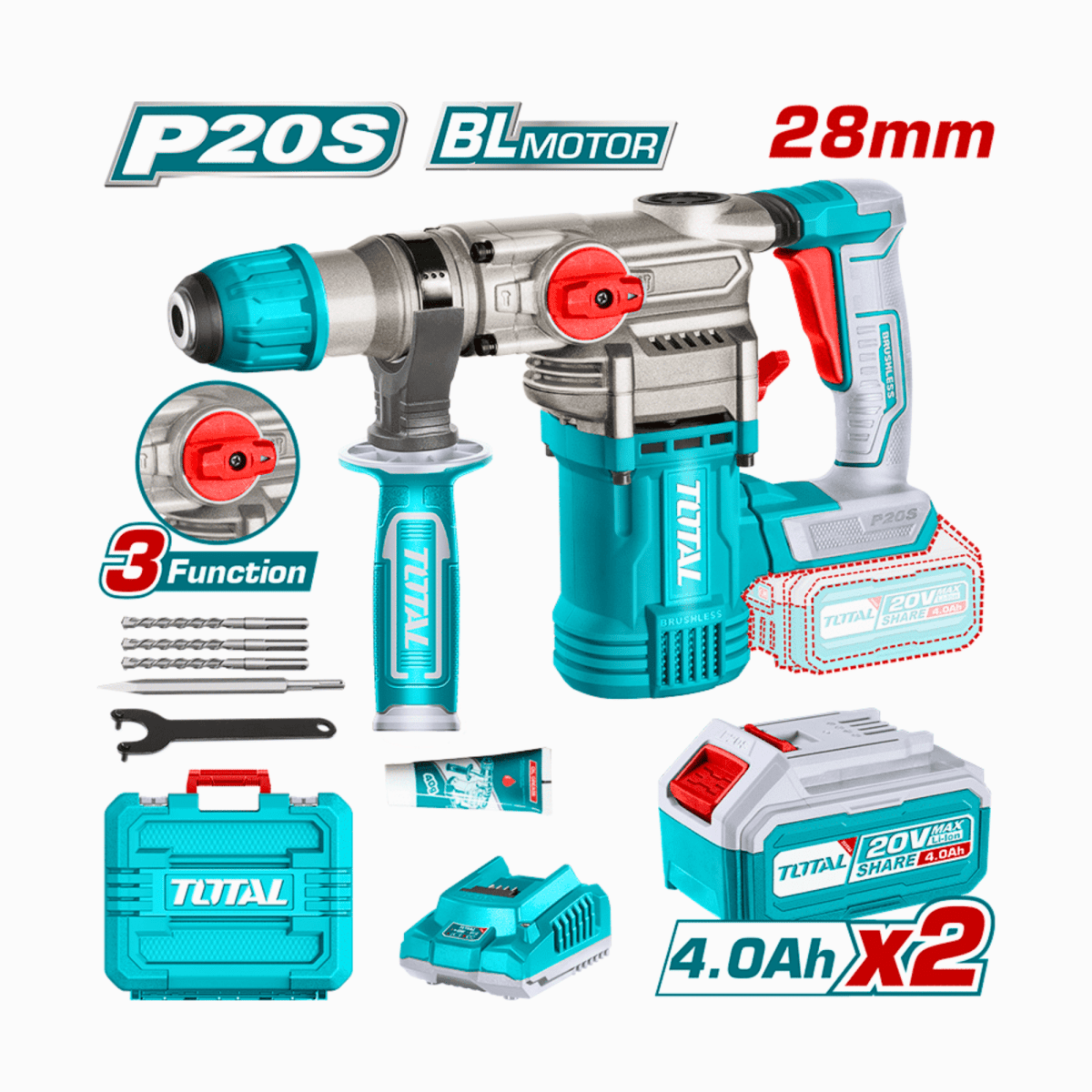 Rotomartillo SDS Plus 4.5 Joules + 2 baterias 4ah Total2