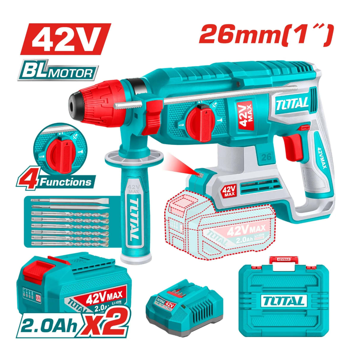 Rotomartillo SDS Plus 2.5J + 2 Batería y Cargador 42v Total2