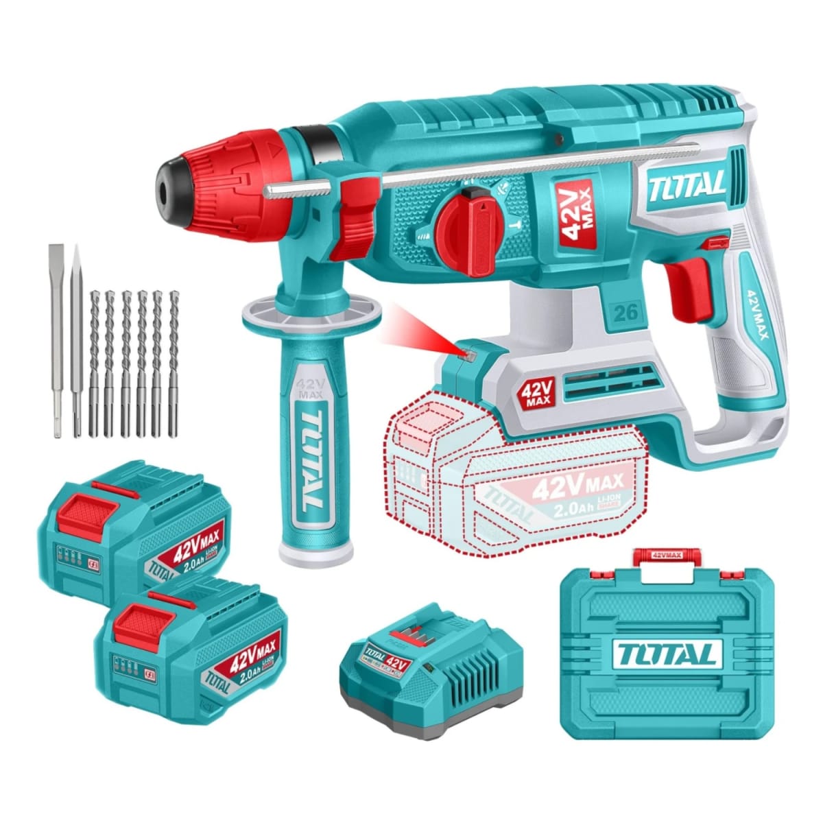 Rotomartillo SDS Plus 2.5J + 2 Batería y Cargador 42v Total1