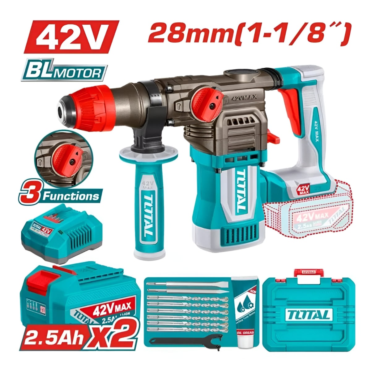 Rotomartillo SDS PLUS 4.5J + 2 Bateria 2.5Ah y Cargador 42v Total2