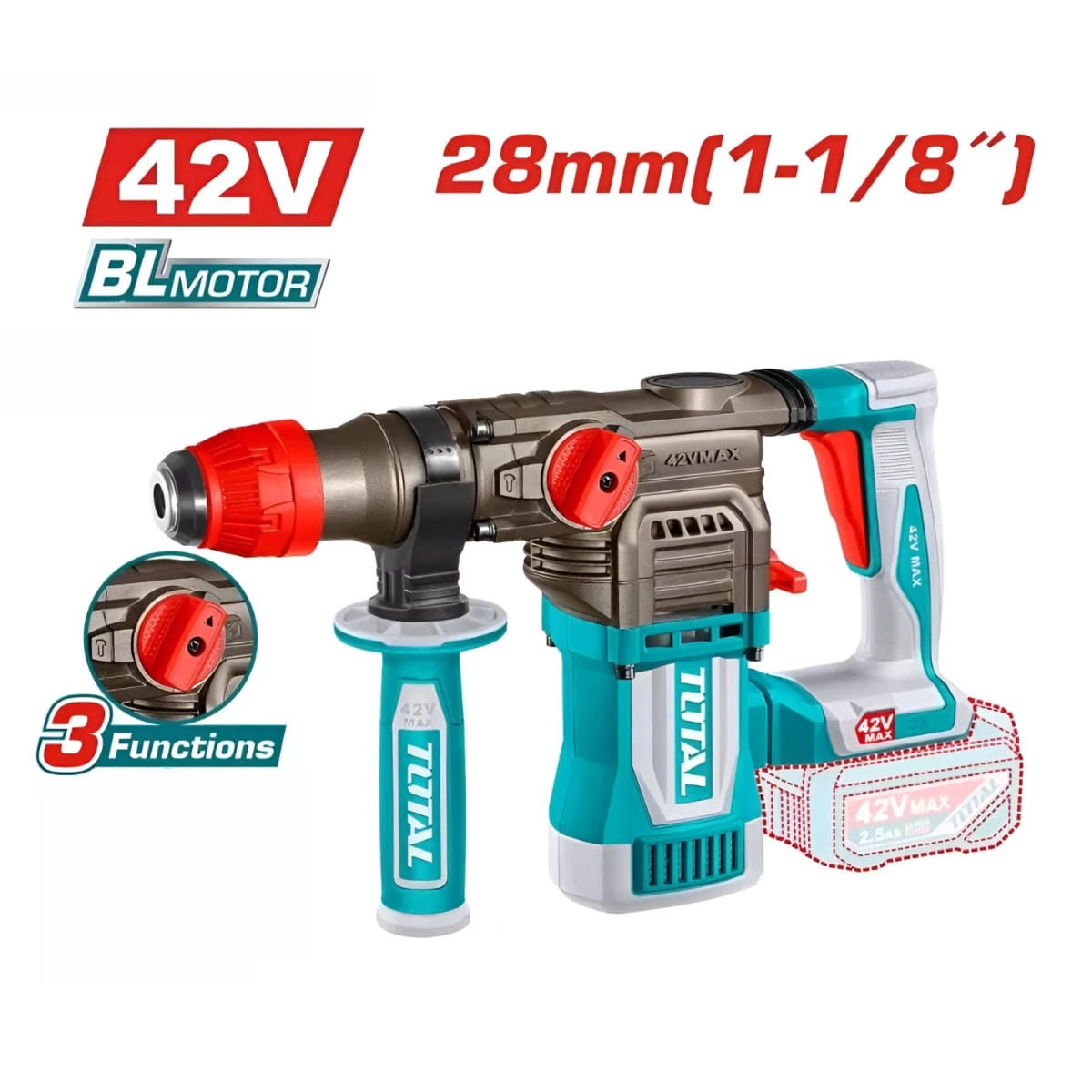 Rotomartillo SDS PLUS 4.5J + 2 Bateria 2.5Ah y Cargador 42v Total3