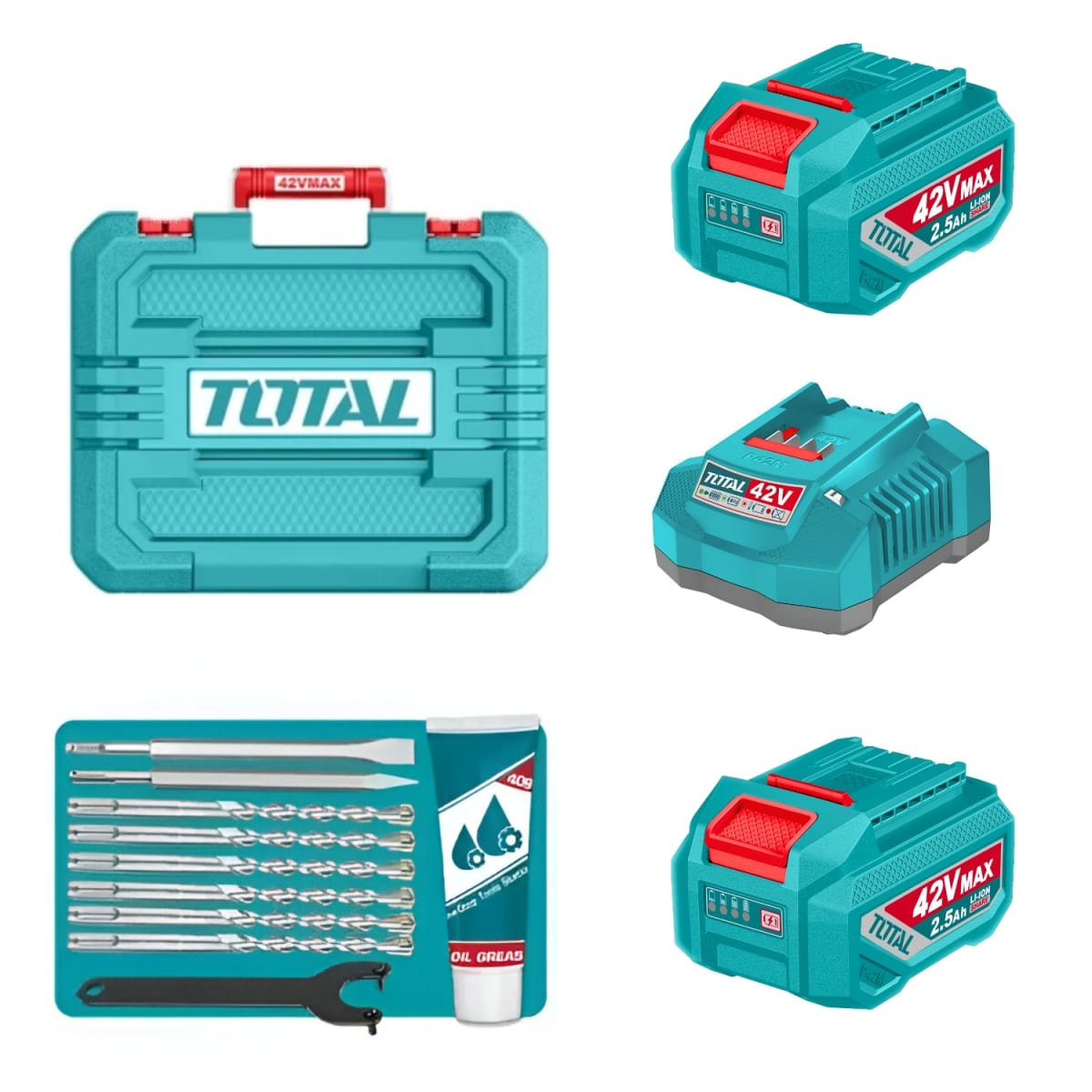 Rotomartillo SDS PLUS 4.5J + 2 Bateria 2.5Ah y Cargador 42v Total4