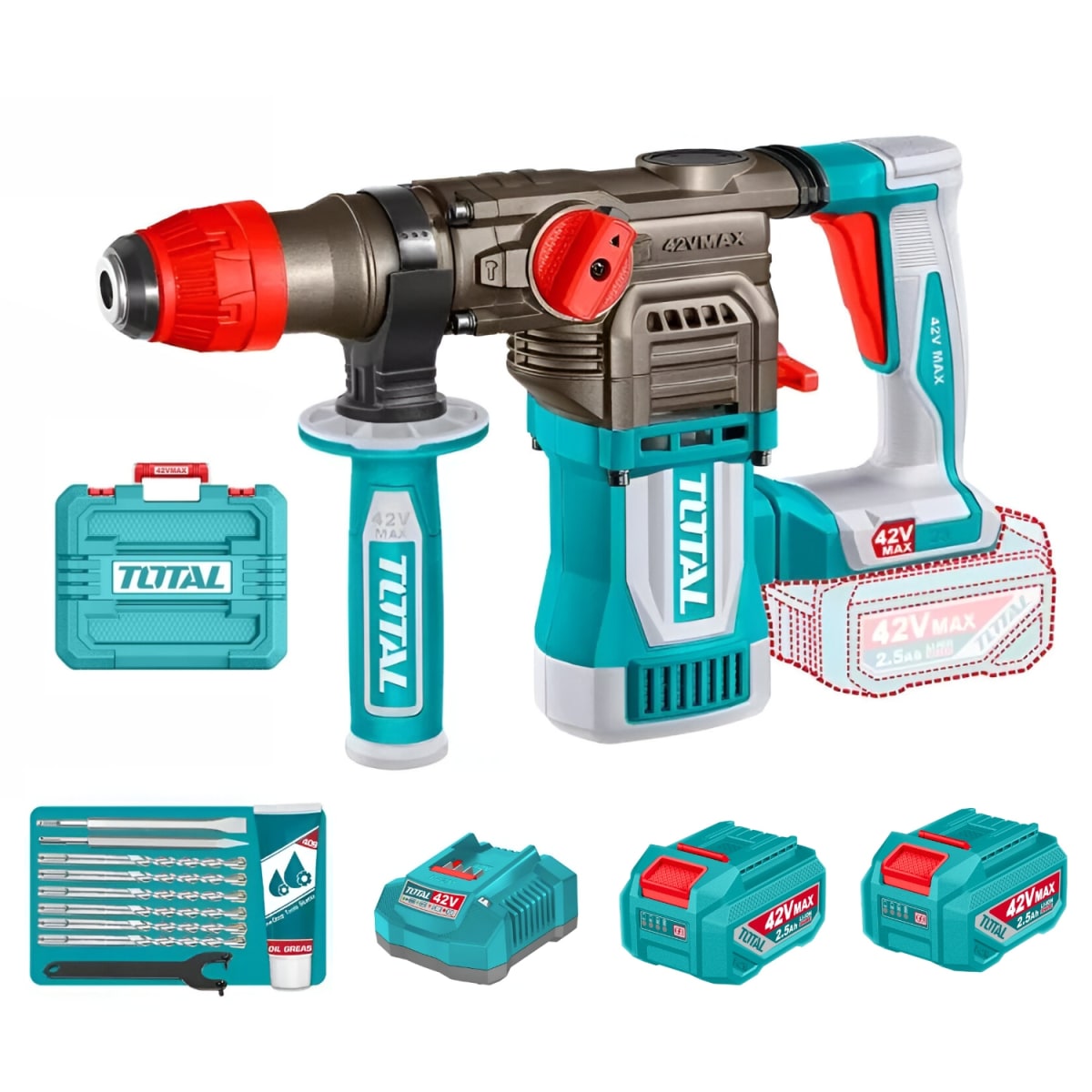 Rotomartillo SDS PLUS 4.5J + 2 Bateria 2.5Ah y Cargador 42v Total1