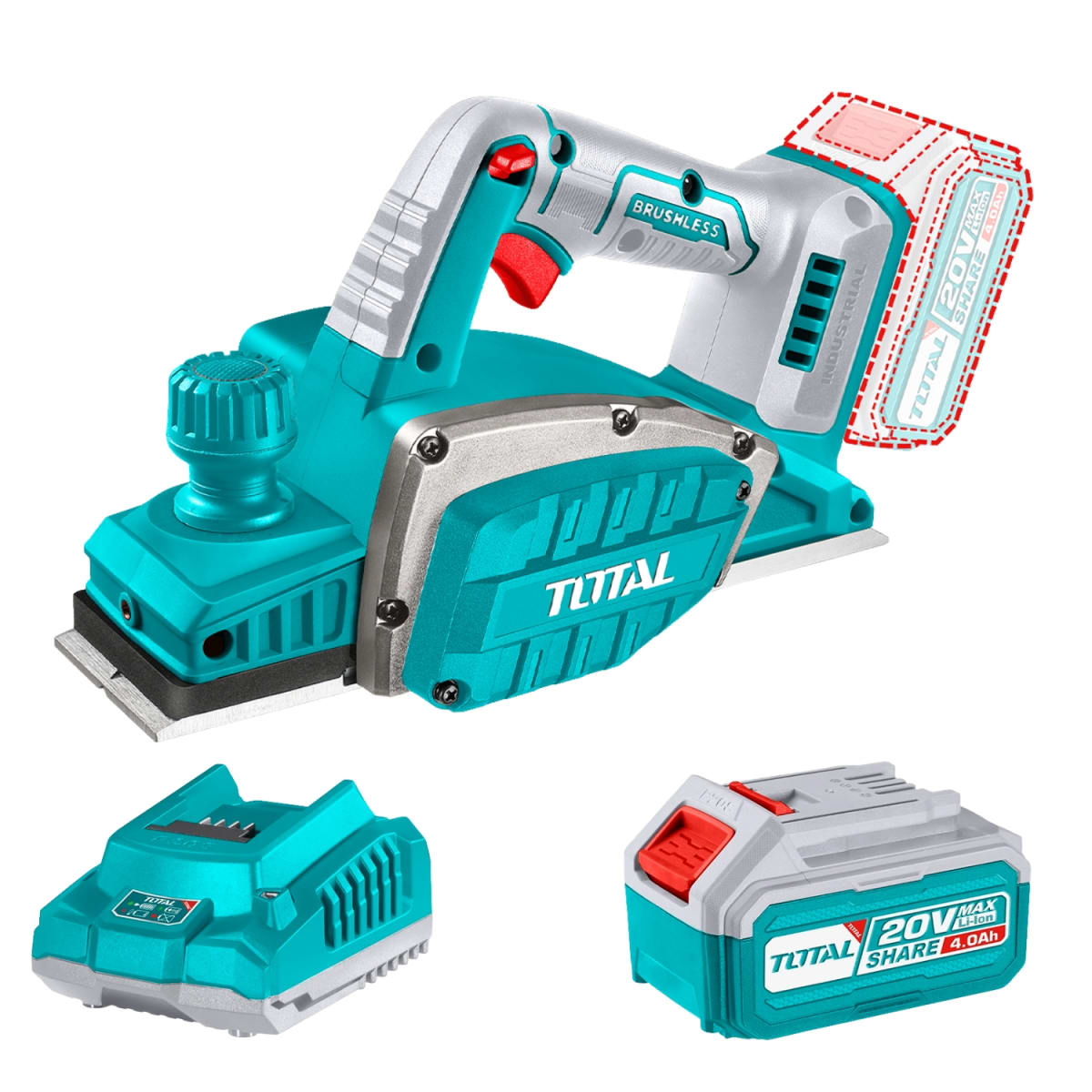 Cepilladora 14000RPM + Batería 4amp y Cargador 20v Total1