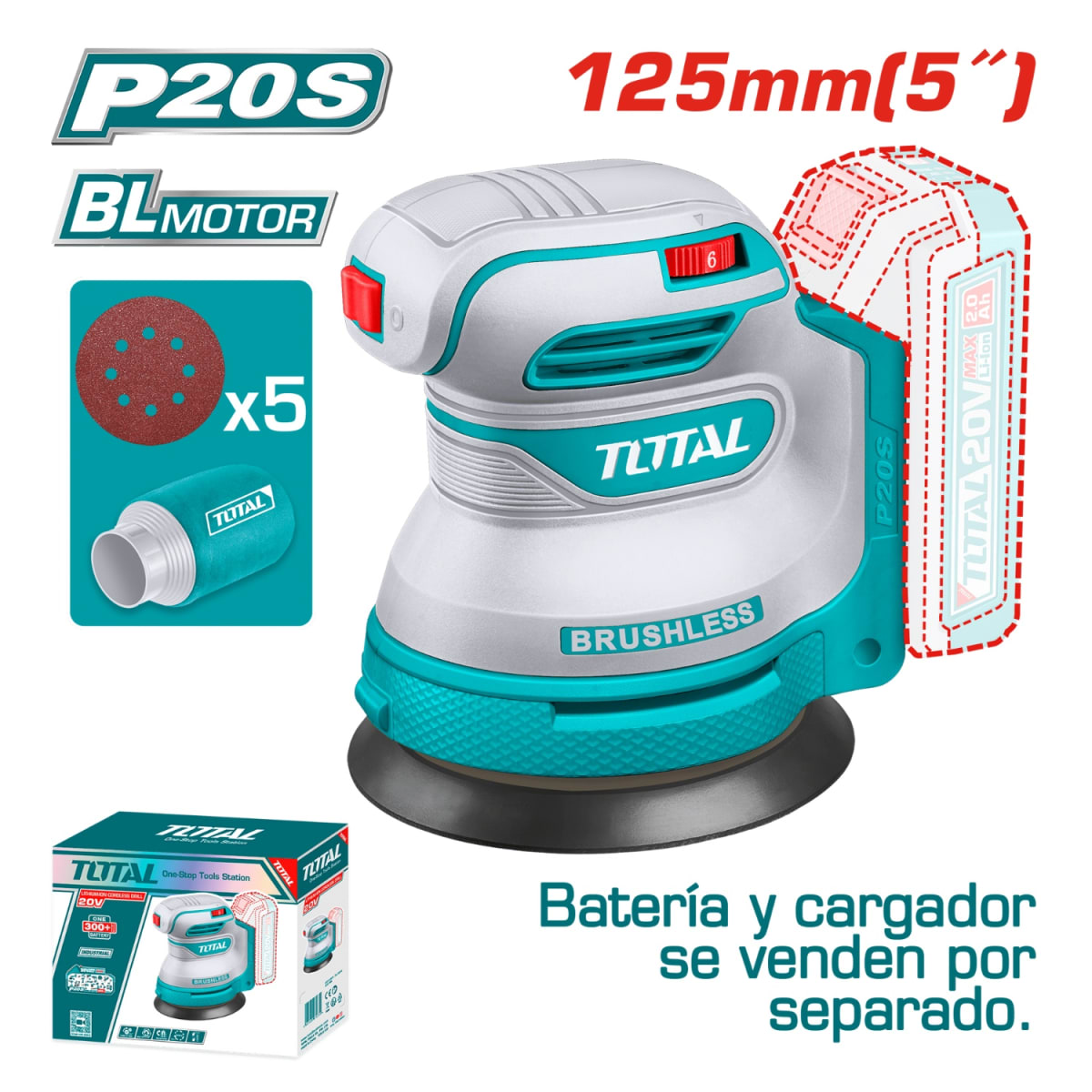 Lijadora Orbital Inalámbrica 12000RPM 5'' (solo cabezal) 20v Total4
