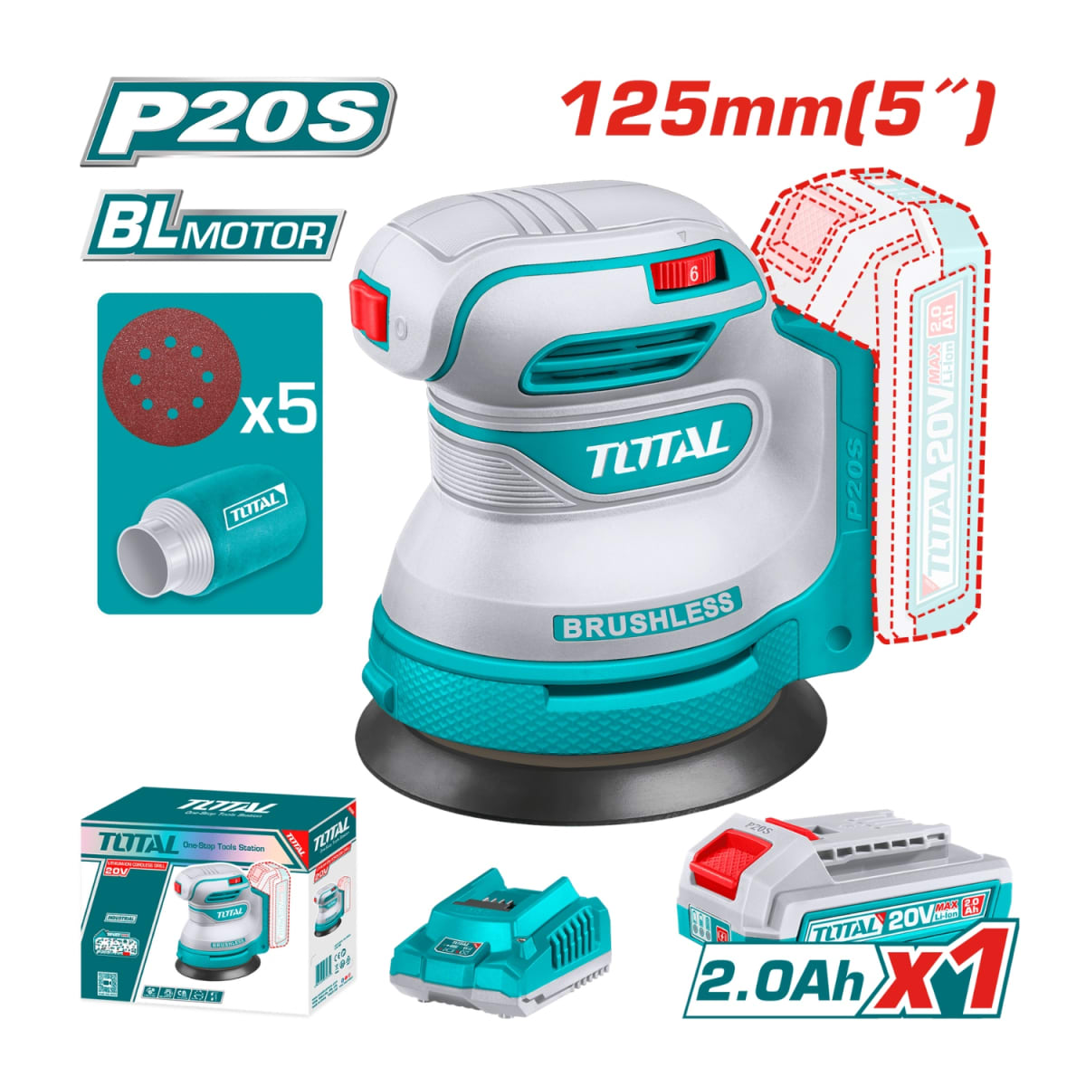 Lijadora Orbital Inalmabrica 5'' + Bateria y Cargador 20v Total6