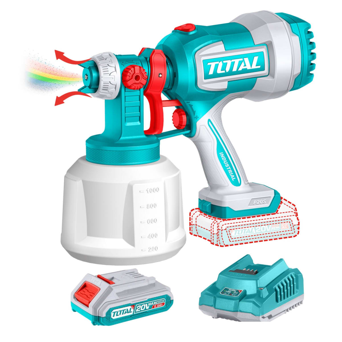 Pistola para pintar de 1000ml 20v + batería + cargador Total1