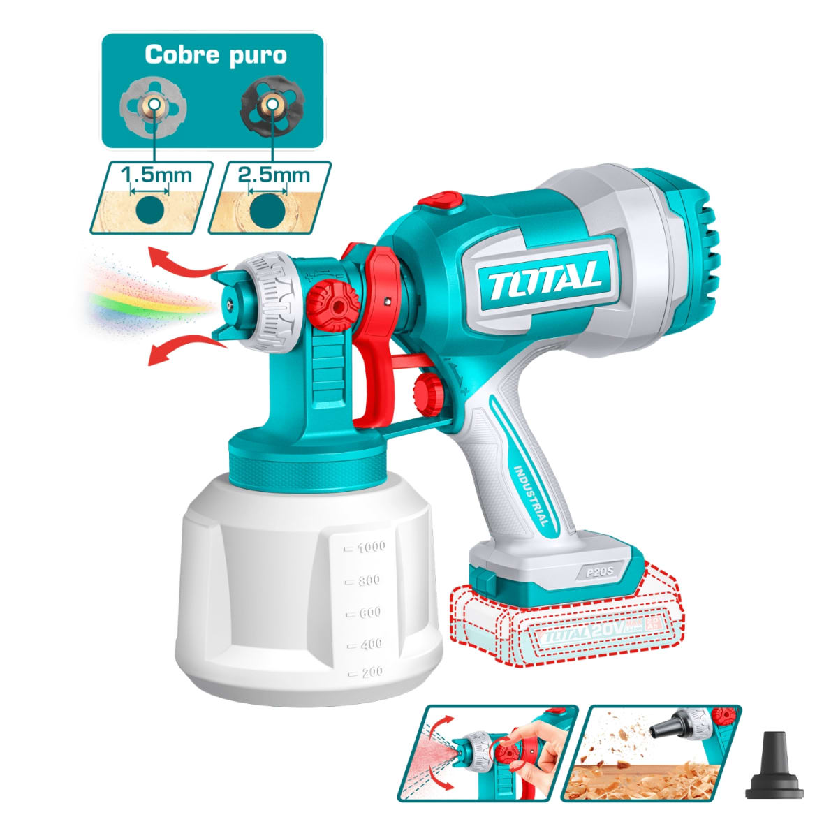 Pistola para pintar 20V 1000ML + 1 Cargador + 1 Bat 2 Ah Total3