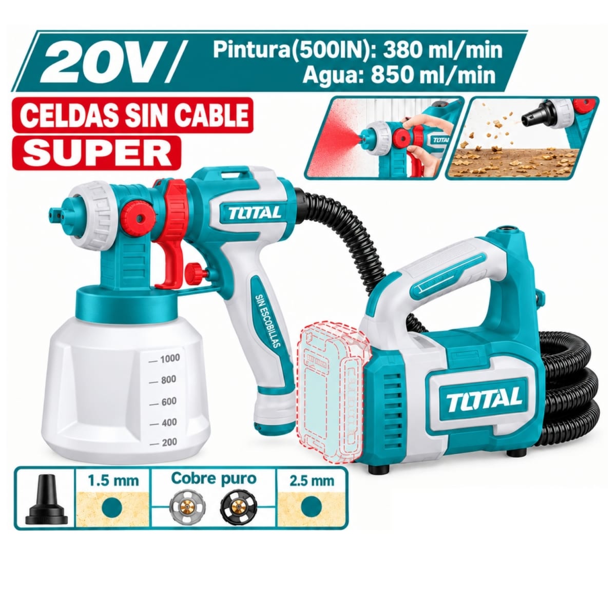 Pistola para Pintar 20V 1000ML + 2bat 4Ah Tabless Total4