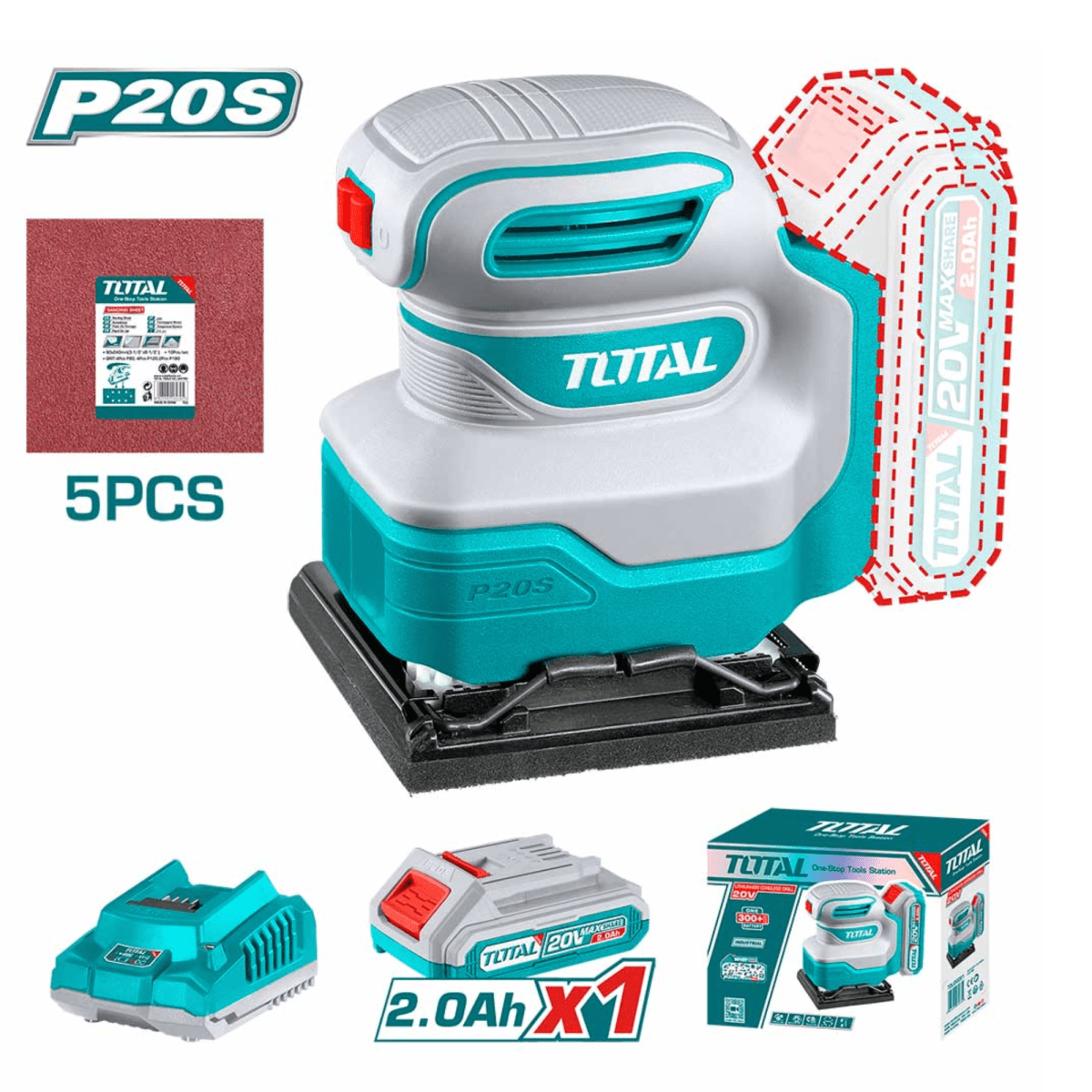 Lijadora orbital inalambrica 20v + bateria 2Ah + cargador Total2