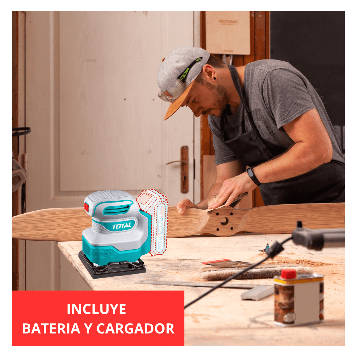 Lijadora orbital inalambrica 20v + bateria 2Ah + cargador Total4