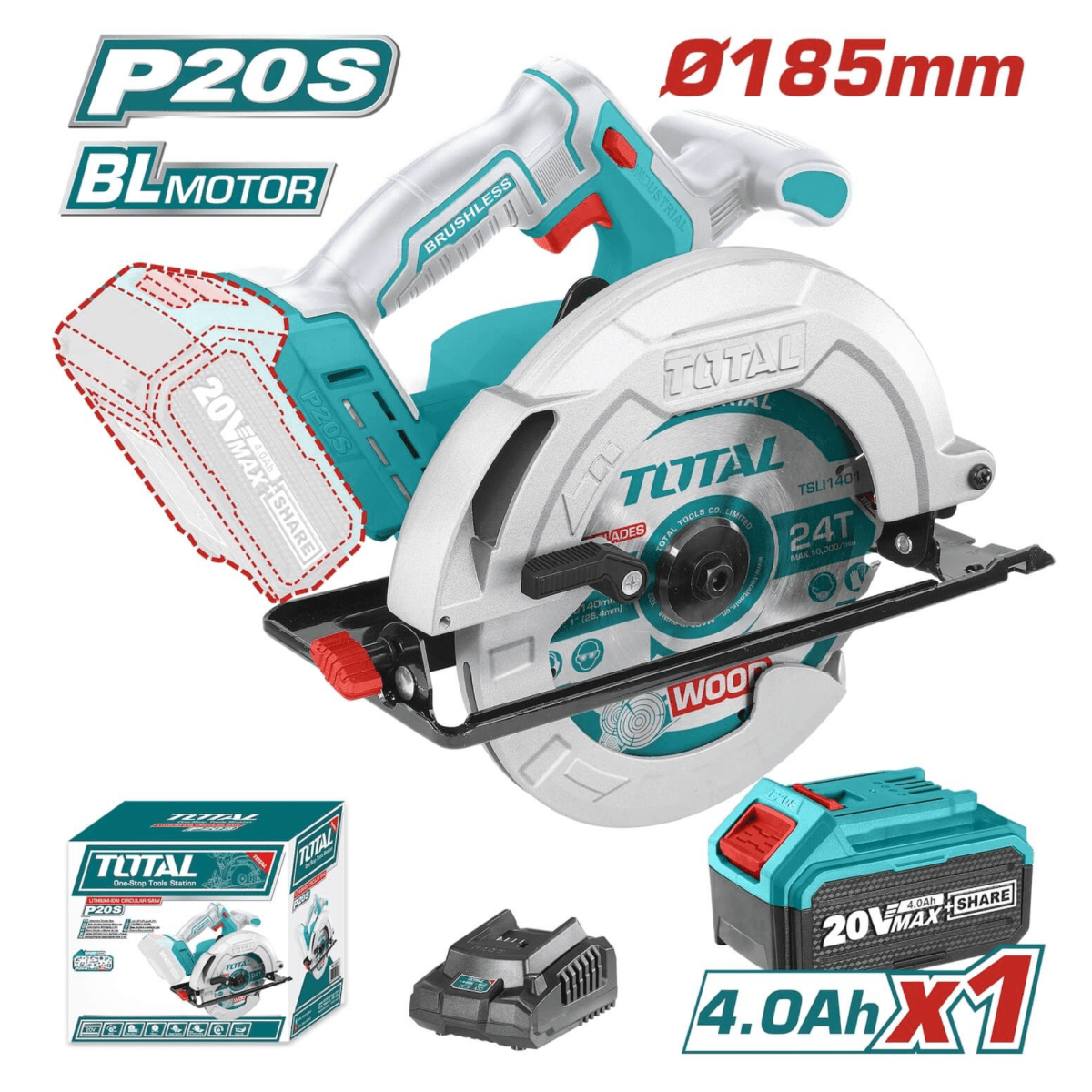 Sierra Circular Industrial 20V + Batería 4ah + cargador Total2