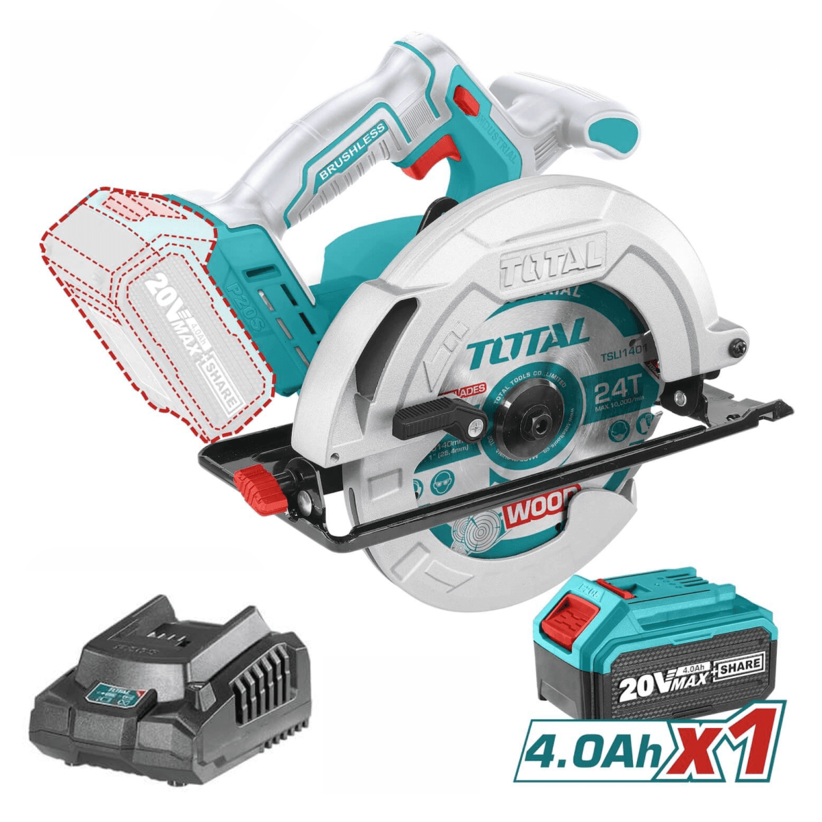 Sierra Circular Industrial 20V + Batería 4ah + cargador Total1