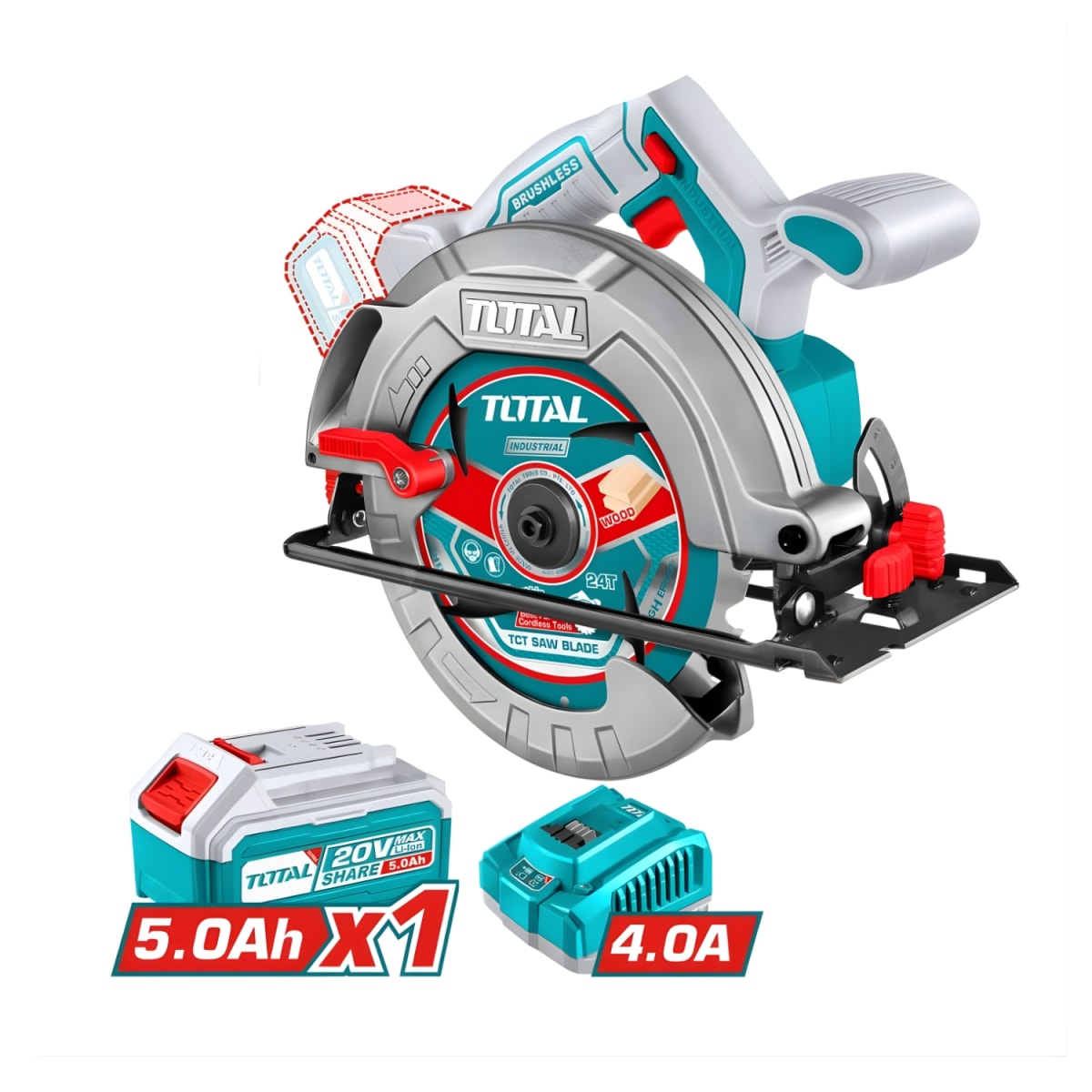 Sierra Circular Industrial 7-1/4'' 185mm + 1 Batería 5ah + Cargador 20v Total4