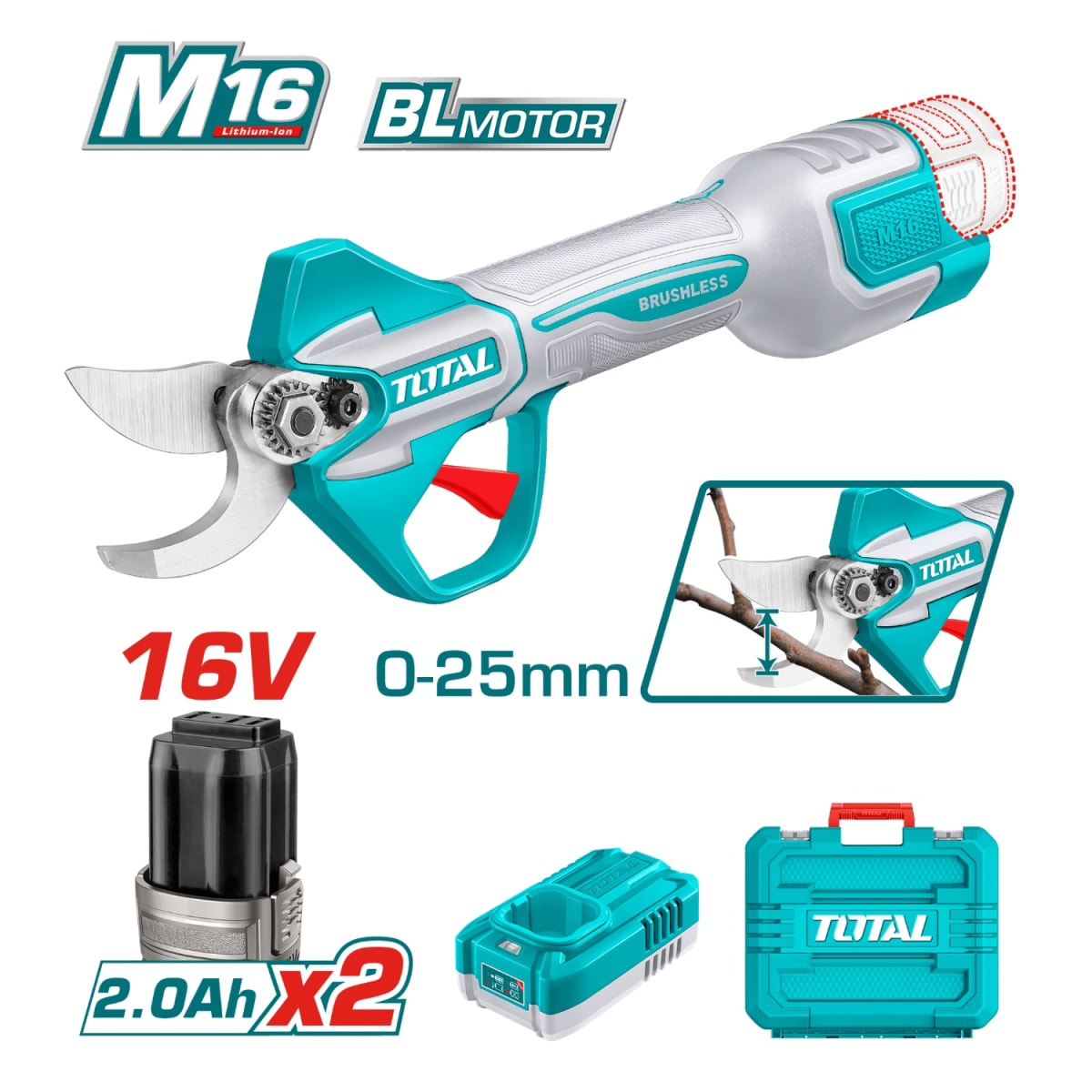 Tijera Inalambrica 0-25mm + 2 Baterias y cargador 16v Total2