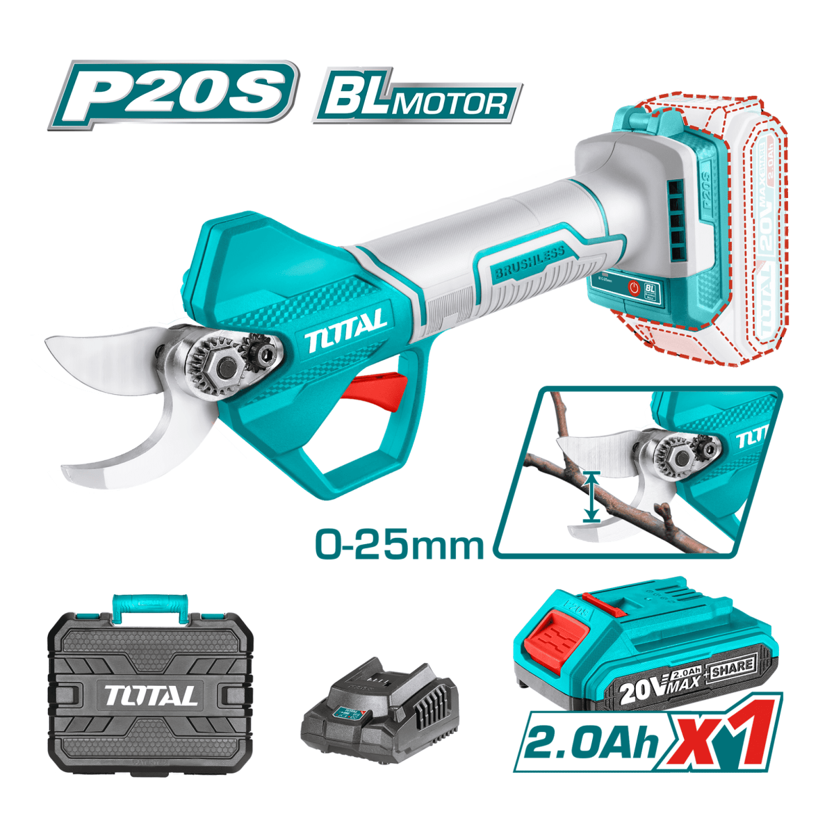 Tijera de podar inalambrico 25 mm + bateria 2ah y cargador Total2