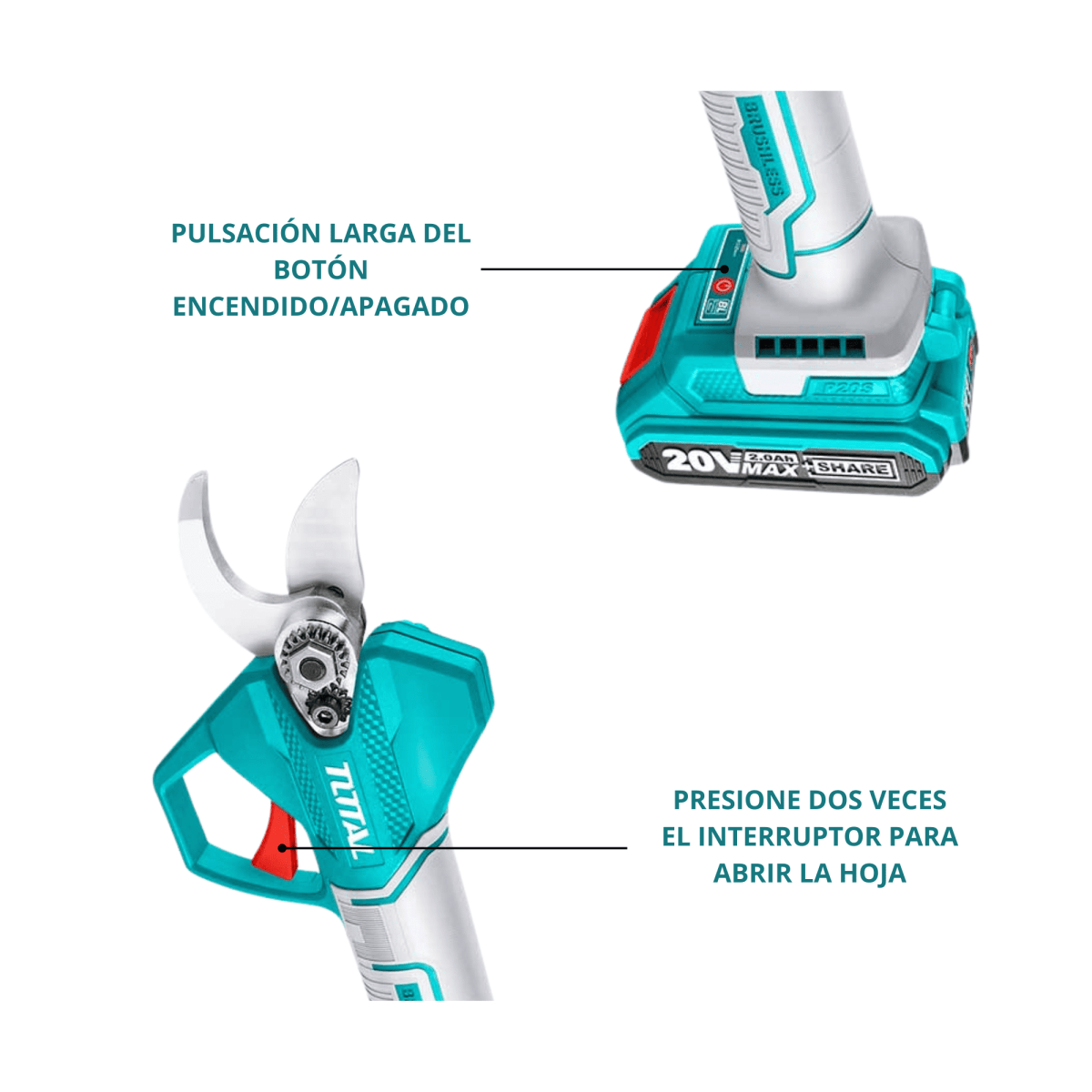 Tijera de podar inalambrico 25 mm + bateria 2ah y cargador Total3